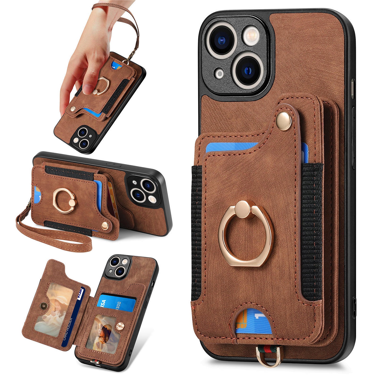 D4 For iPhone 13 Anti-scratch RFID Blocking Vintage Phone Case Card Slots Kickstand Cover