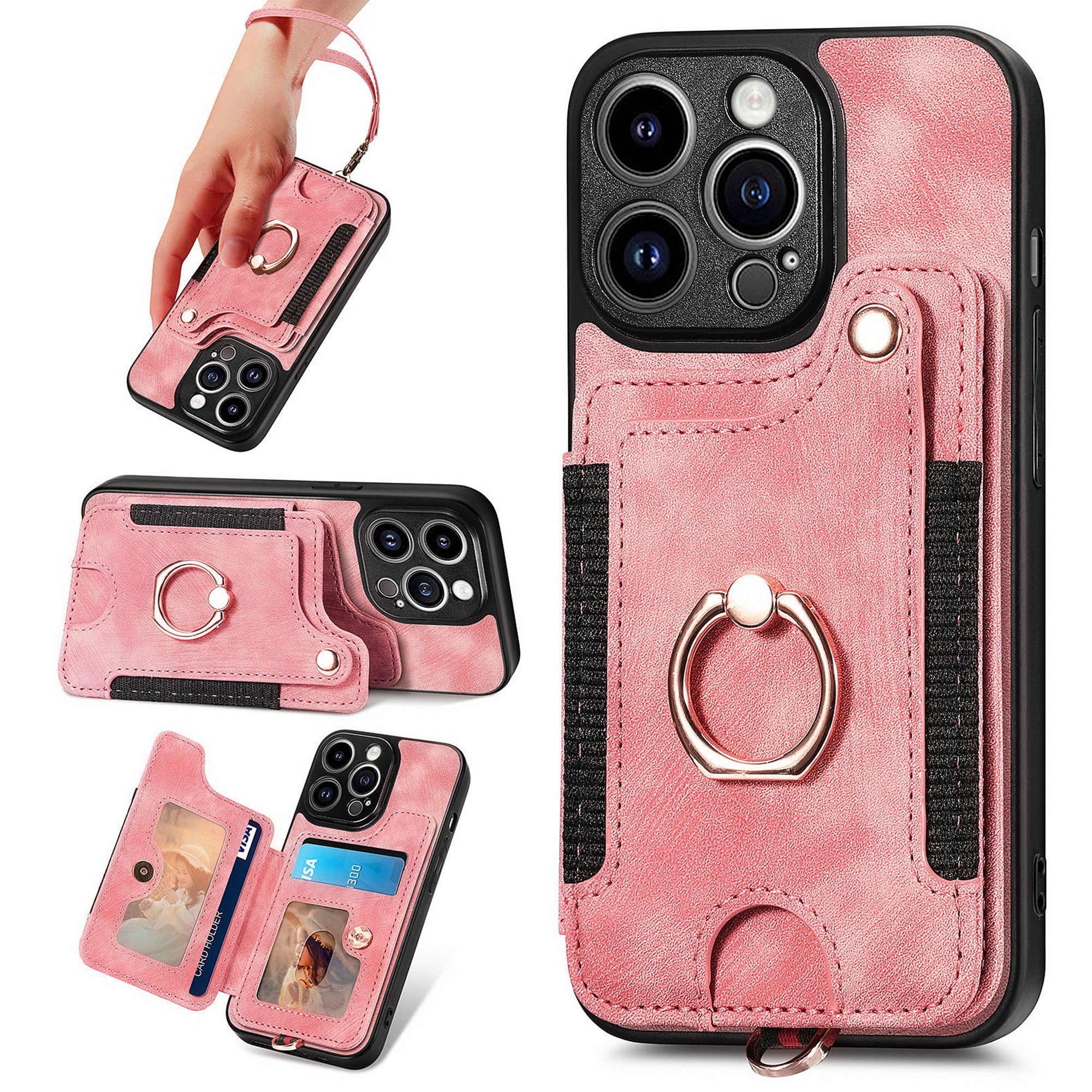 D4 For iPhone 14 Pro Max Case RFID Blocking Leather+TPU Phone Cover with Ring Kickstand