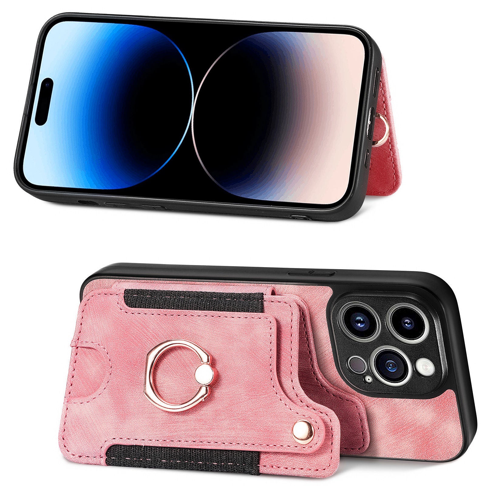 D4 For iPhone 14 Pro Max Case RFID Blocking Leather+TPU Phone Cover with Ring Kickstand