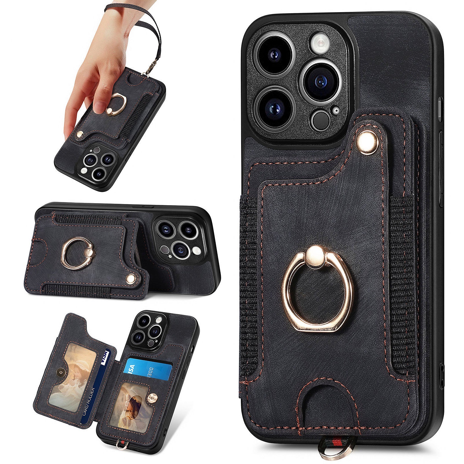 D4 For iPhone 14 Pro Max Case RFID Blocking Leather+TPU Phone Cover with Ring Kickstand