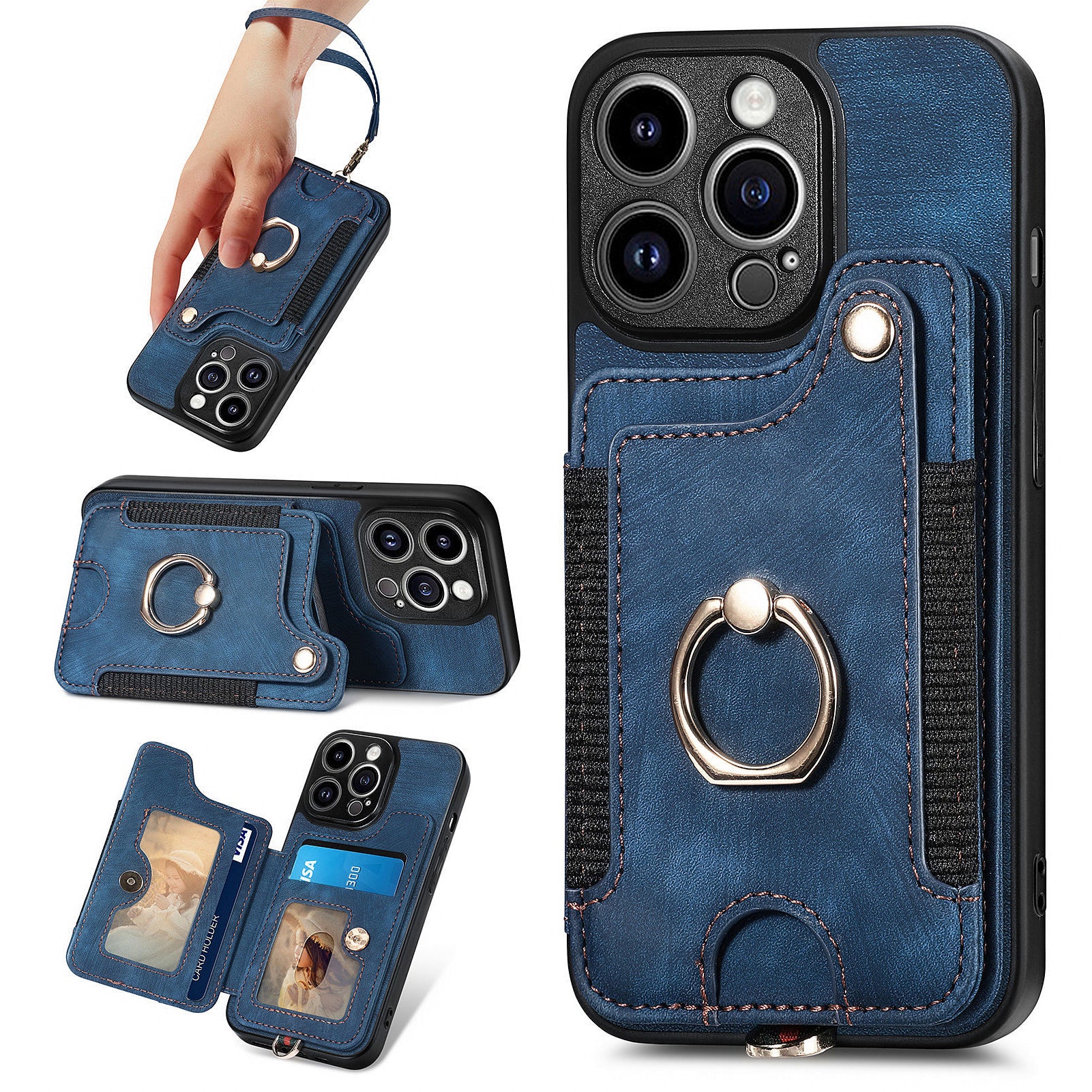 D4 For iPhone 14 Pro Max Case RFID Blocking Leather+TPU Phone Cover with Ring Kickstand