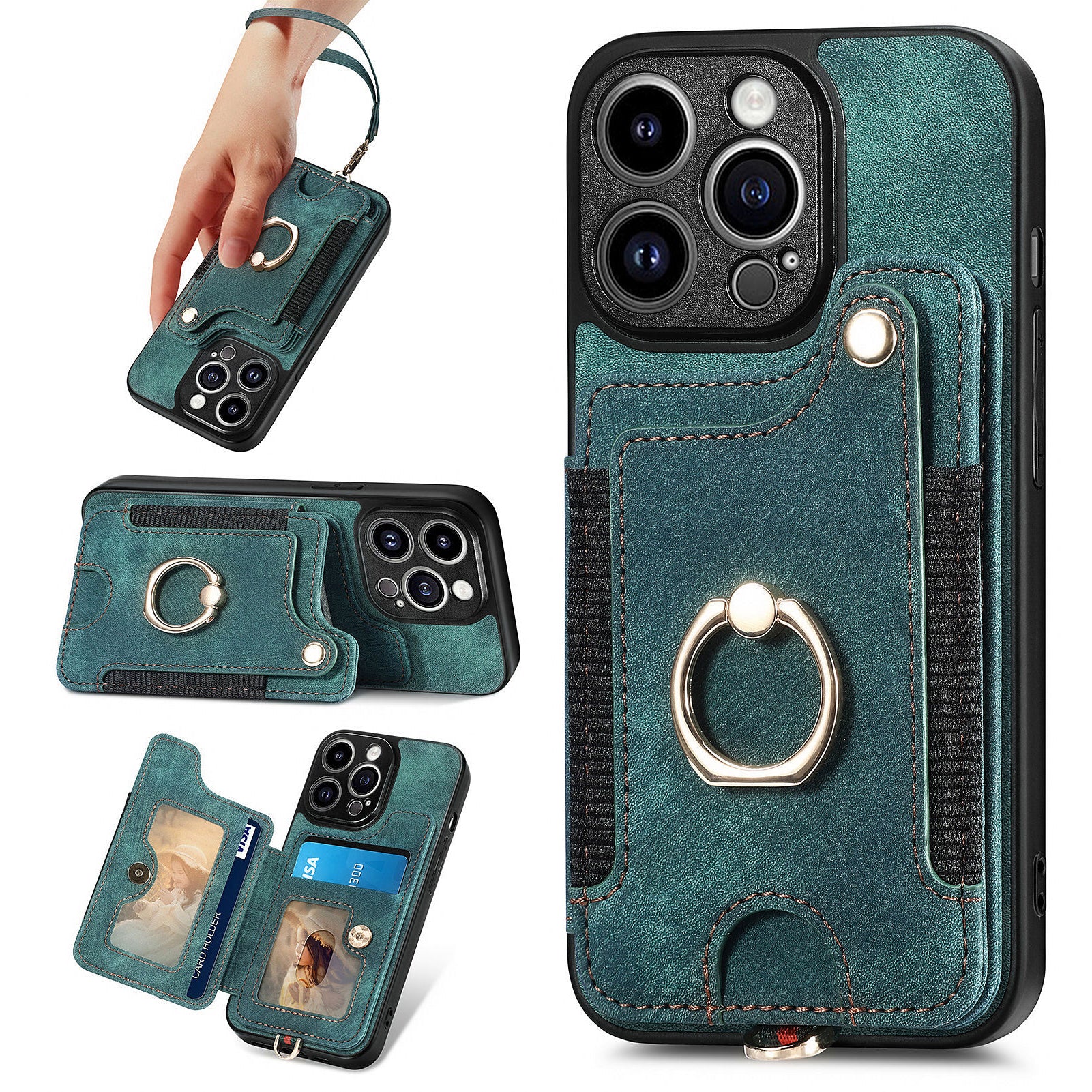 D4 For iPhone 14 Pro Max Case RFID Blocking Leather+TPU Phone Cover with Ring Kickstand