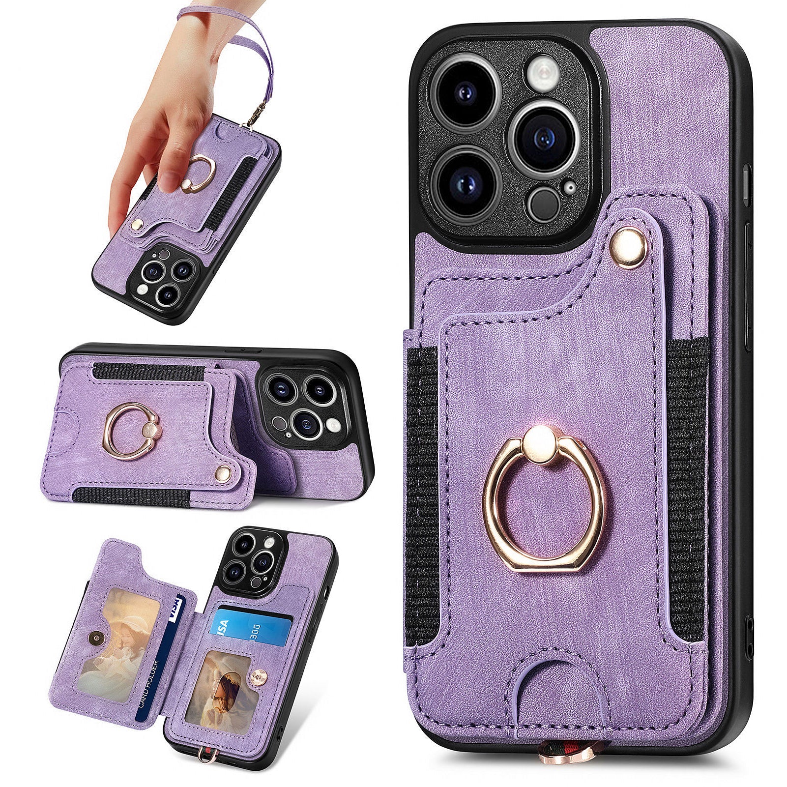 D4 For iPhone 14 Pro Max Case RFID Blocking Leather+TPU Phone Cover with Ring Kickstand