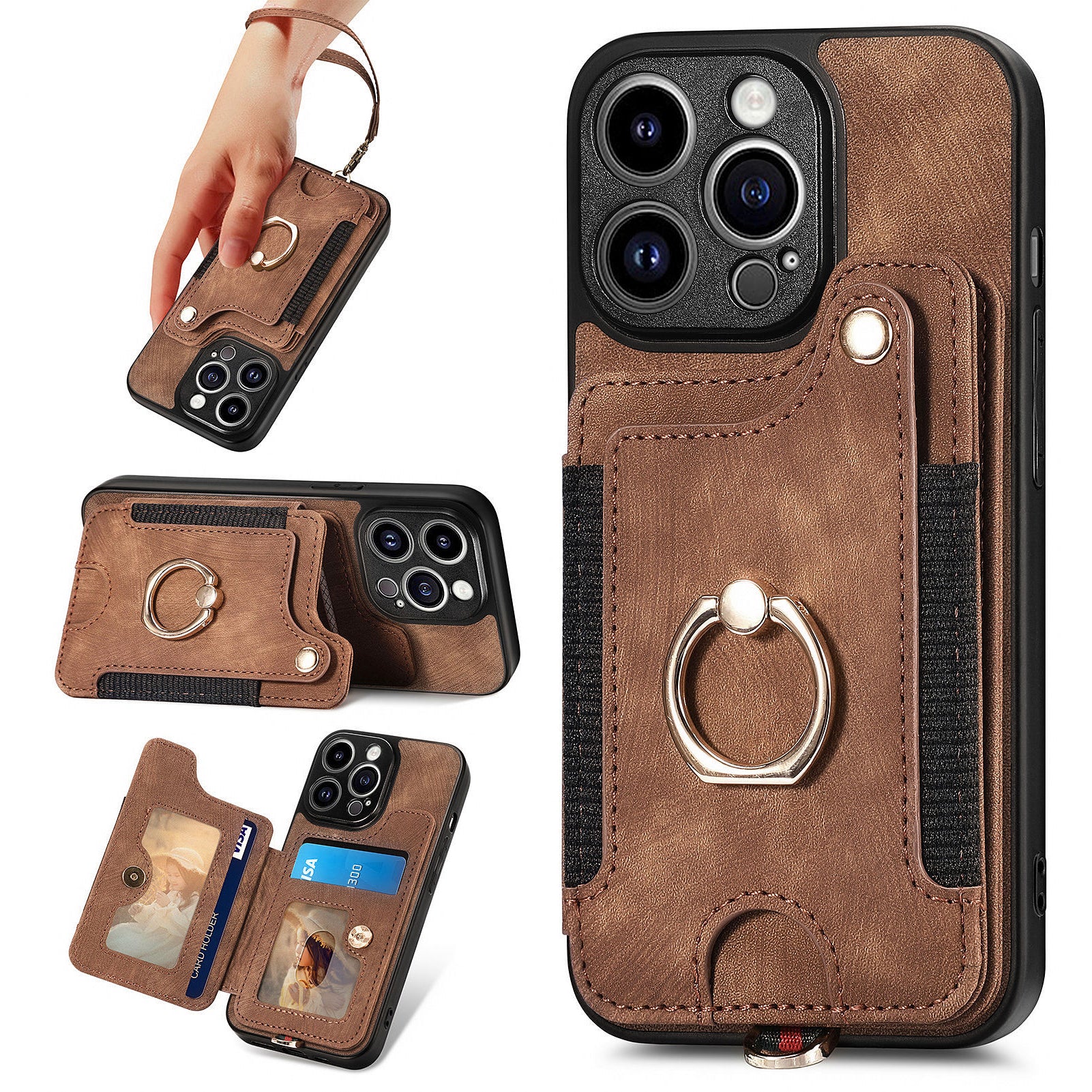 D4 For iPhone 14 Pro Max Case RFID Blocking Leather+TPU Phone Cover with Ring Kickstand