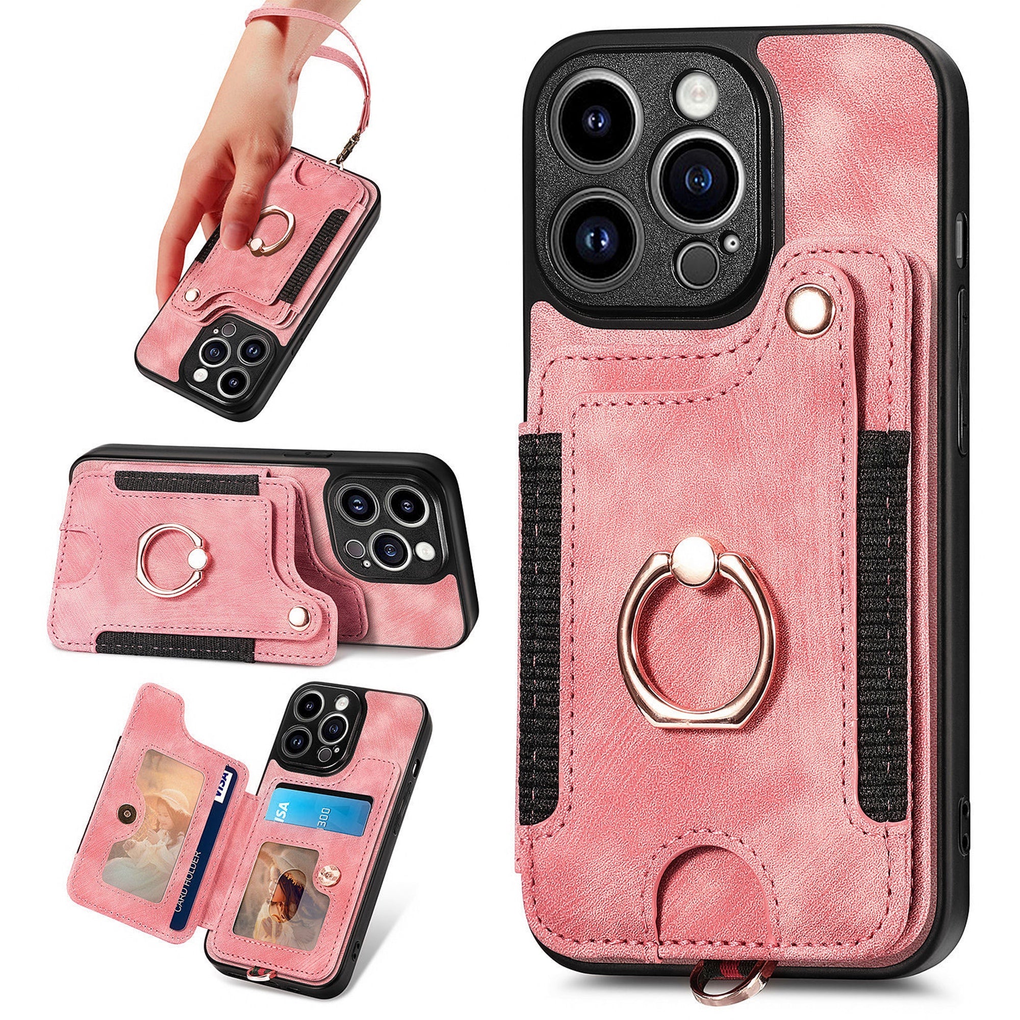 D4 For iPhone 14 Pro Cell Phone Cases Vintage Card Slots Kickstand RFID Blocking Shell