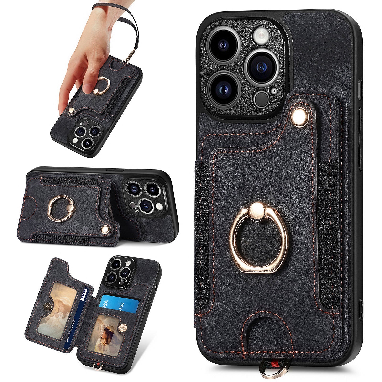 D4 For iPhone 14 Pro Cell Phone Cases Vintage Card Slots Kickstand RFID Blocking Shell