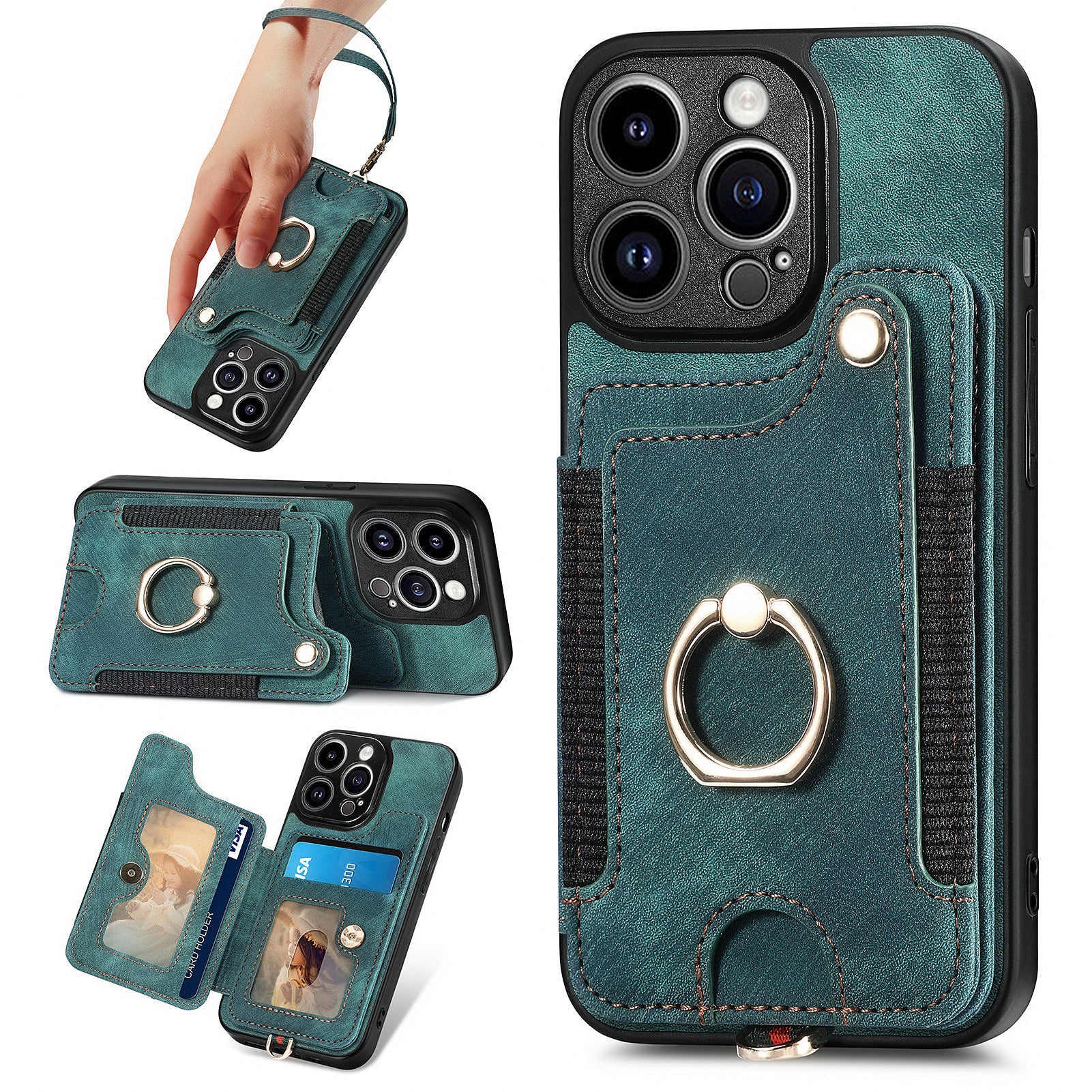 D4 For iPhone 14 Pro Cell Phone Cases Vintage Card Slots Kickstand RFID Blocking Shell