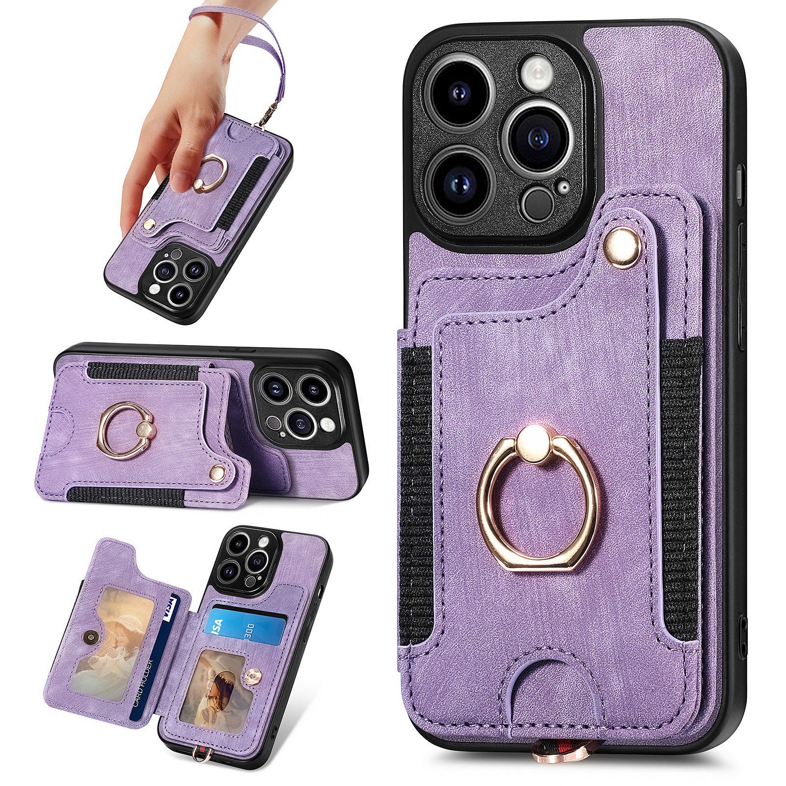 D4 For iPhone 14 Pro Cell Phone Cases Vintage Card Slots Kickstand RFID Blocking Shell