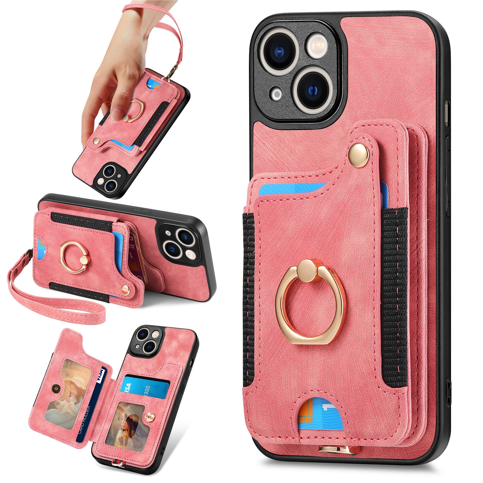 D4 For iPhone 14 Case Card Slots Kickstand RFID Blocking Leather Back Cover