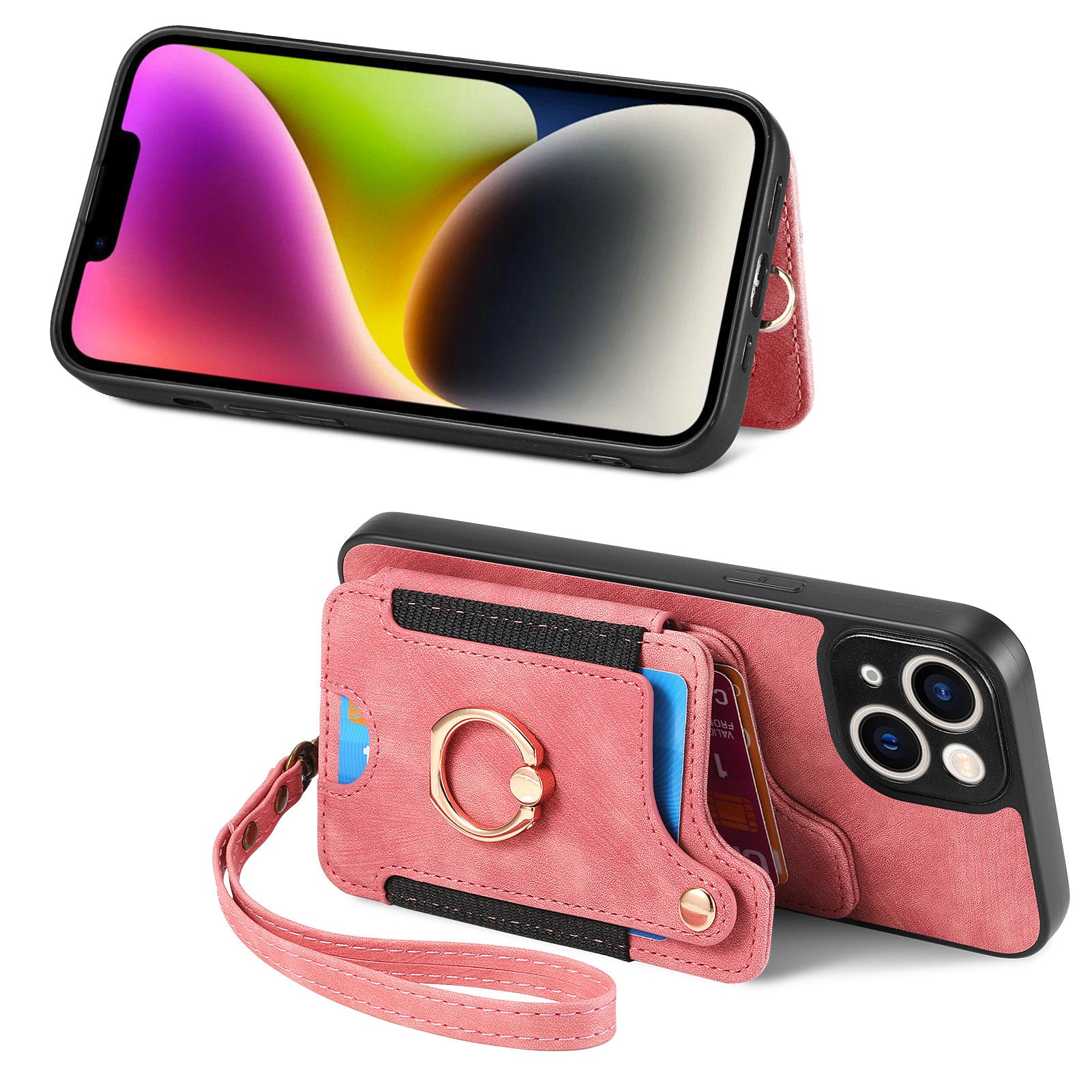 D4 For iPhone 14 Case Card Slots Kickstand RFID Blocking Leather Back Cover