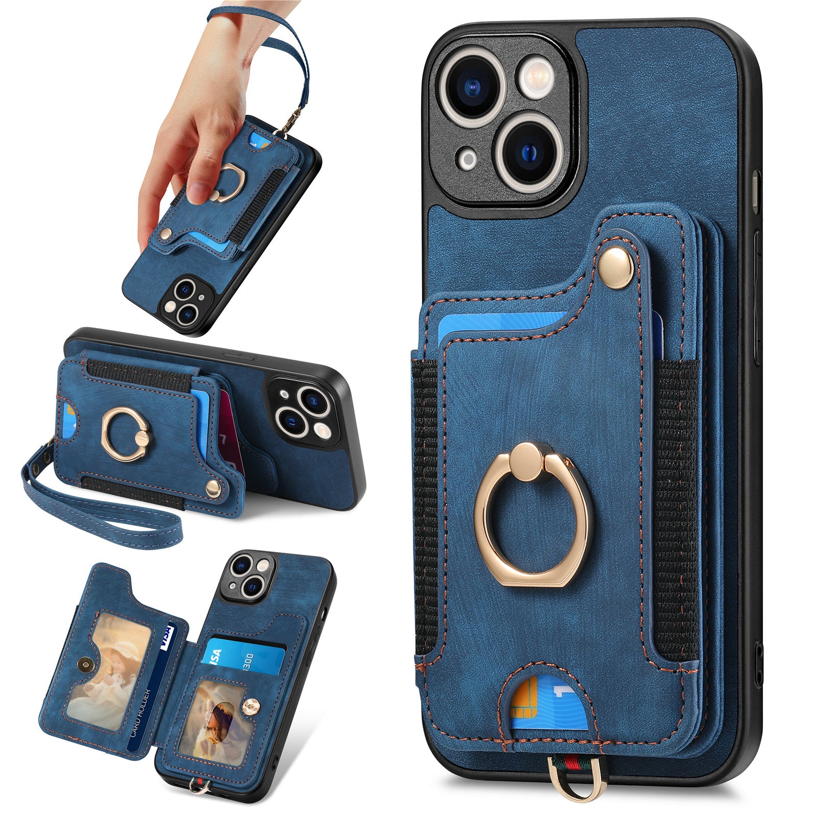 D4 For iPhone 14 Case Card Slots Kickstand RFID Blocking Leather Back Cover