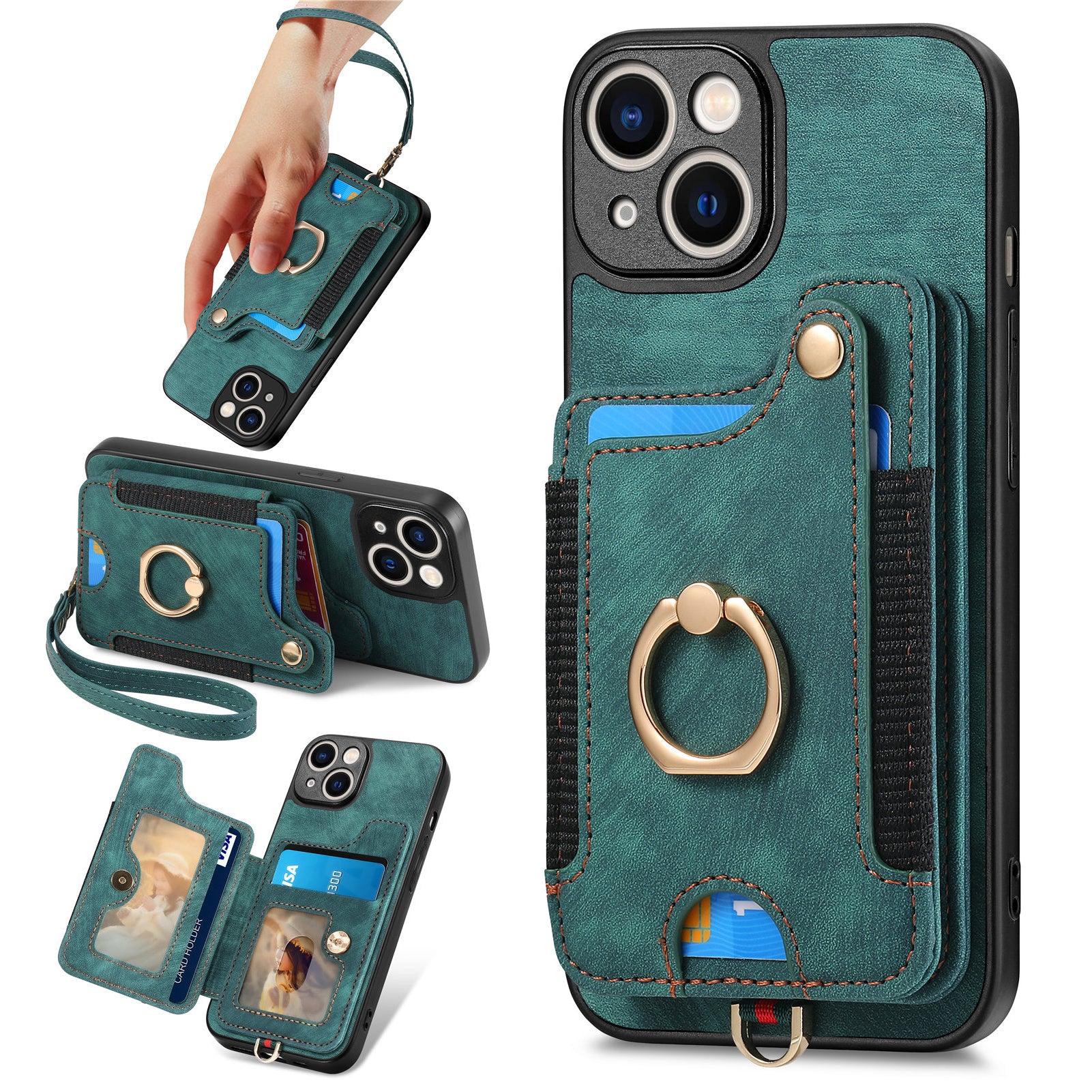 D4 For iPhone 14 Case Card Slots Kickstand RFID Blocking Leather Back Cover