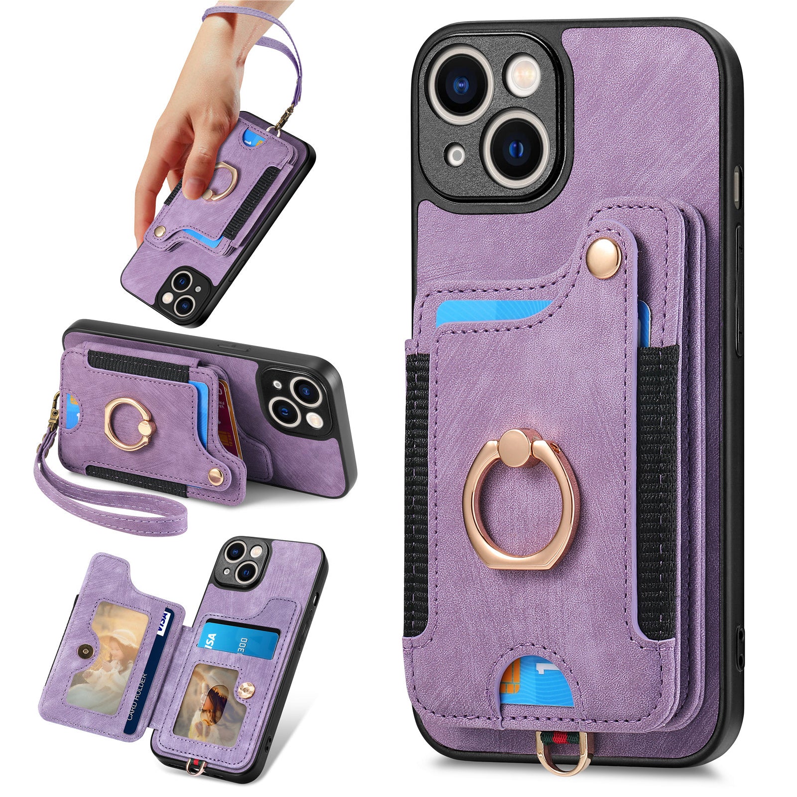 D4 For iPhone 14 Case Card Slots Kickstand RFID Blocking Leather Back Cover