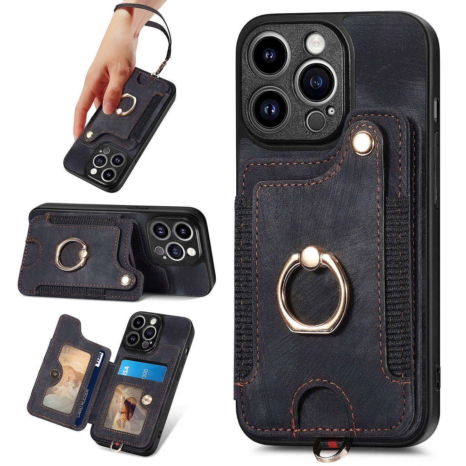 D4 For iPhone 15 Pro Max Case RFID Blocking Card Slots Leather+TPU Ring Kickstand Cover