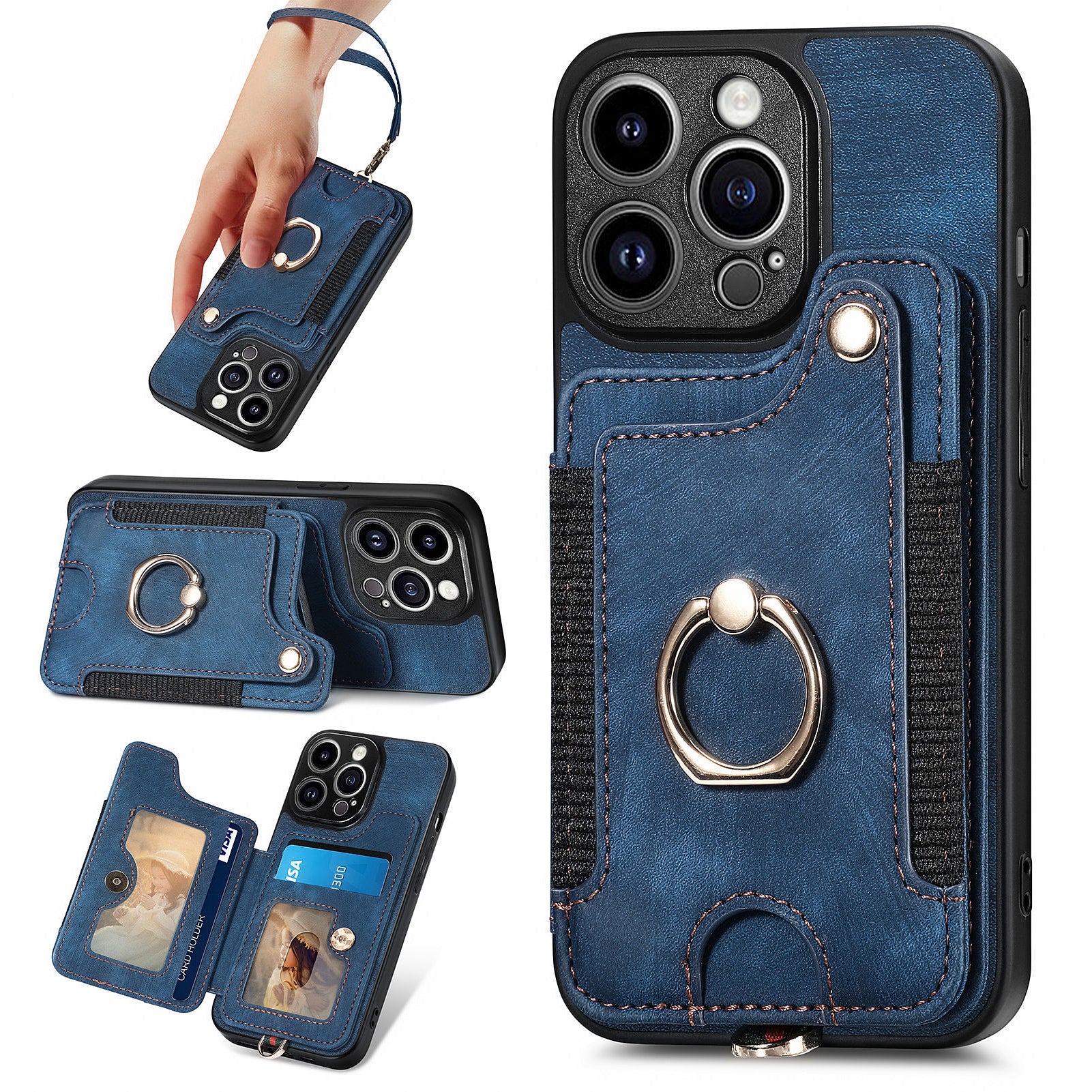 D4 For iPhone 15 Pro Max Case RFID Blocking Card Slots Leather+TPU Ring Kickstand Cover