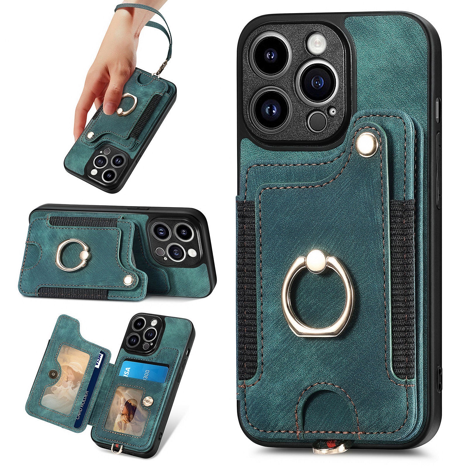 D4 For iPhone 15 Pro Max Case RFID Blocking Card Slots Leather+TPU Ring Kickstand Cover