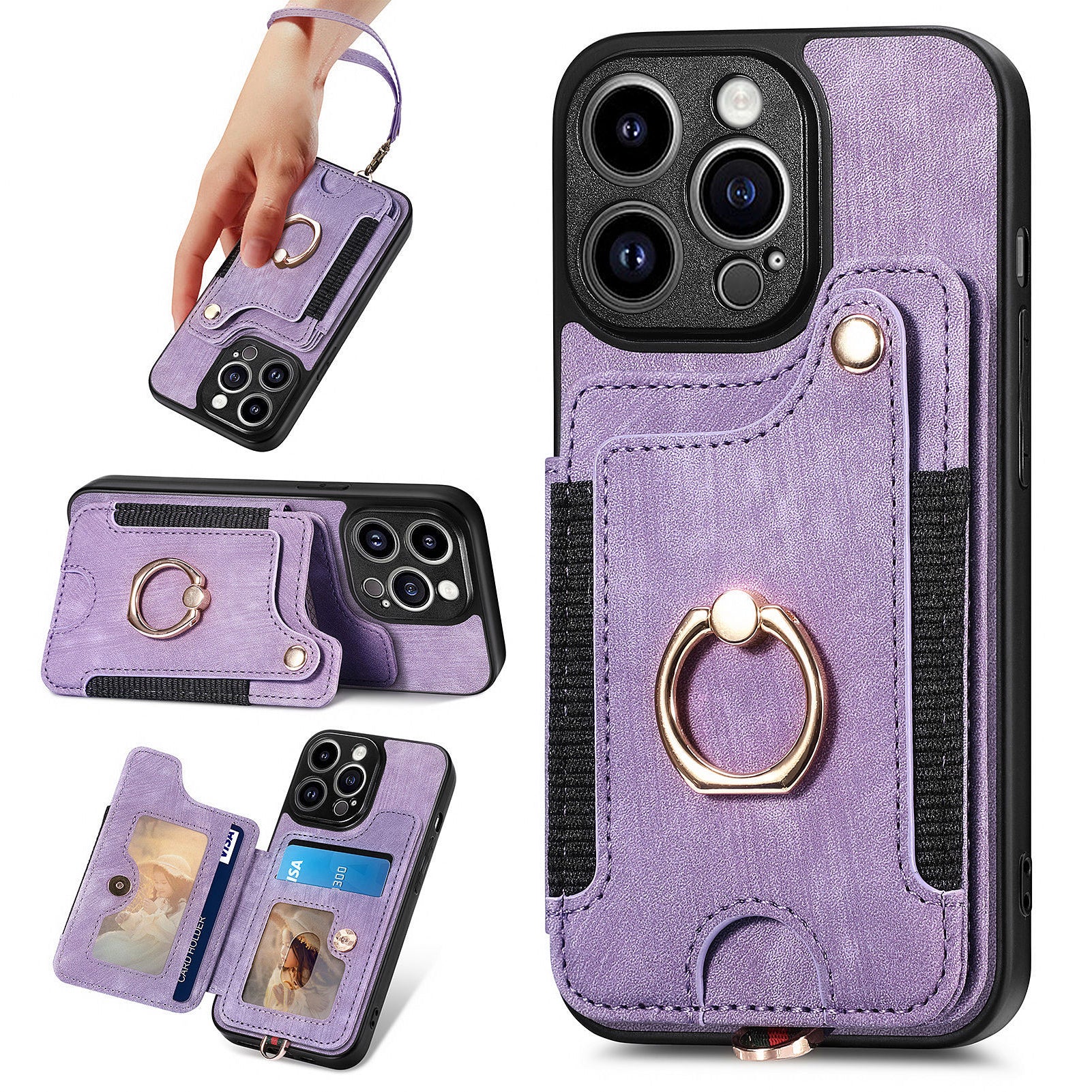 D4 For iPhone 15 Pro Max Case RFID Blocking Card Slots Leather+TPU Ring Kickstand Cover
