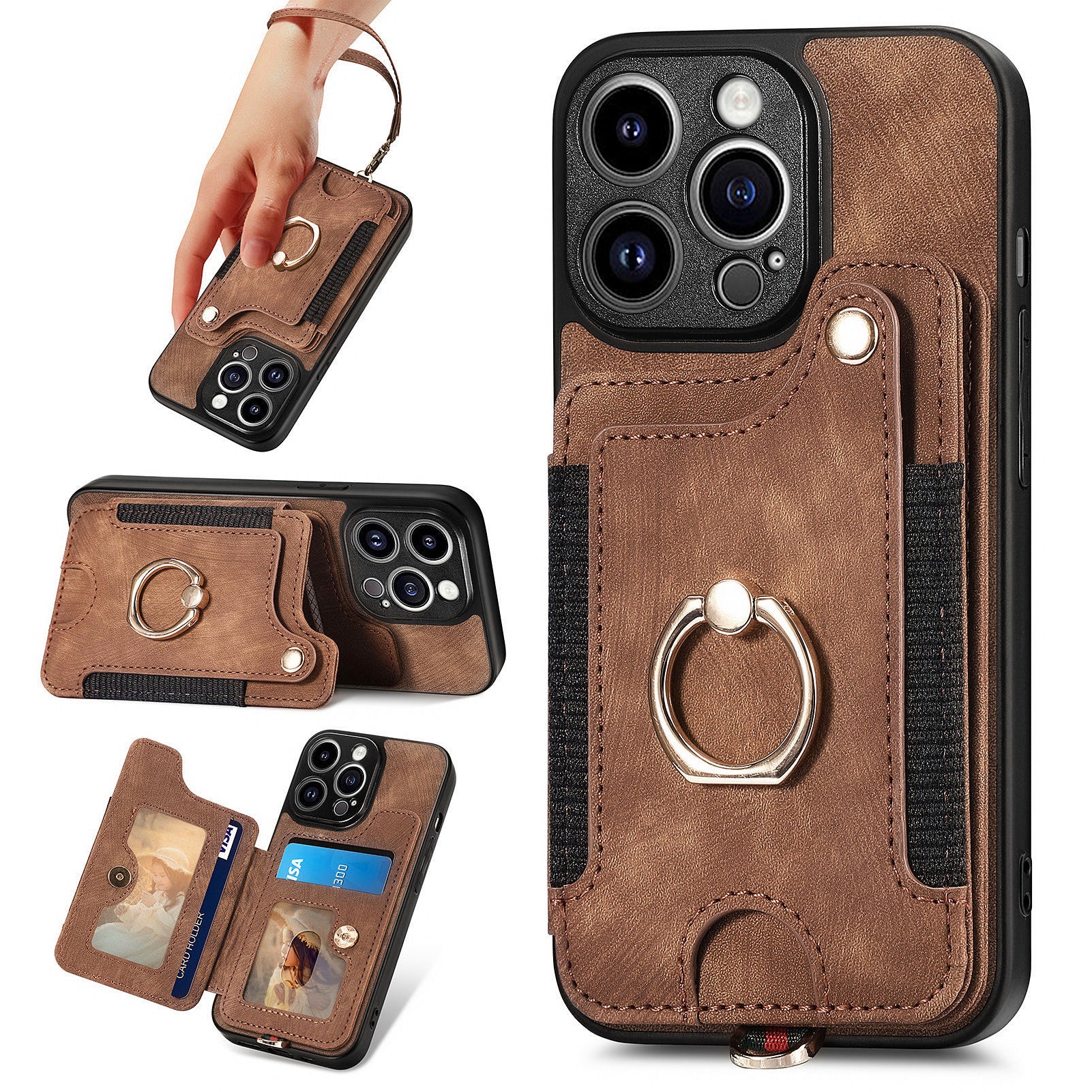 D4 For iPhone 15 Pro Max Case RFID Blocking Card Slots Leather+TPU Ring Kickstand Cover
