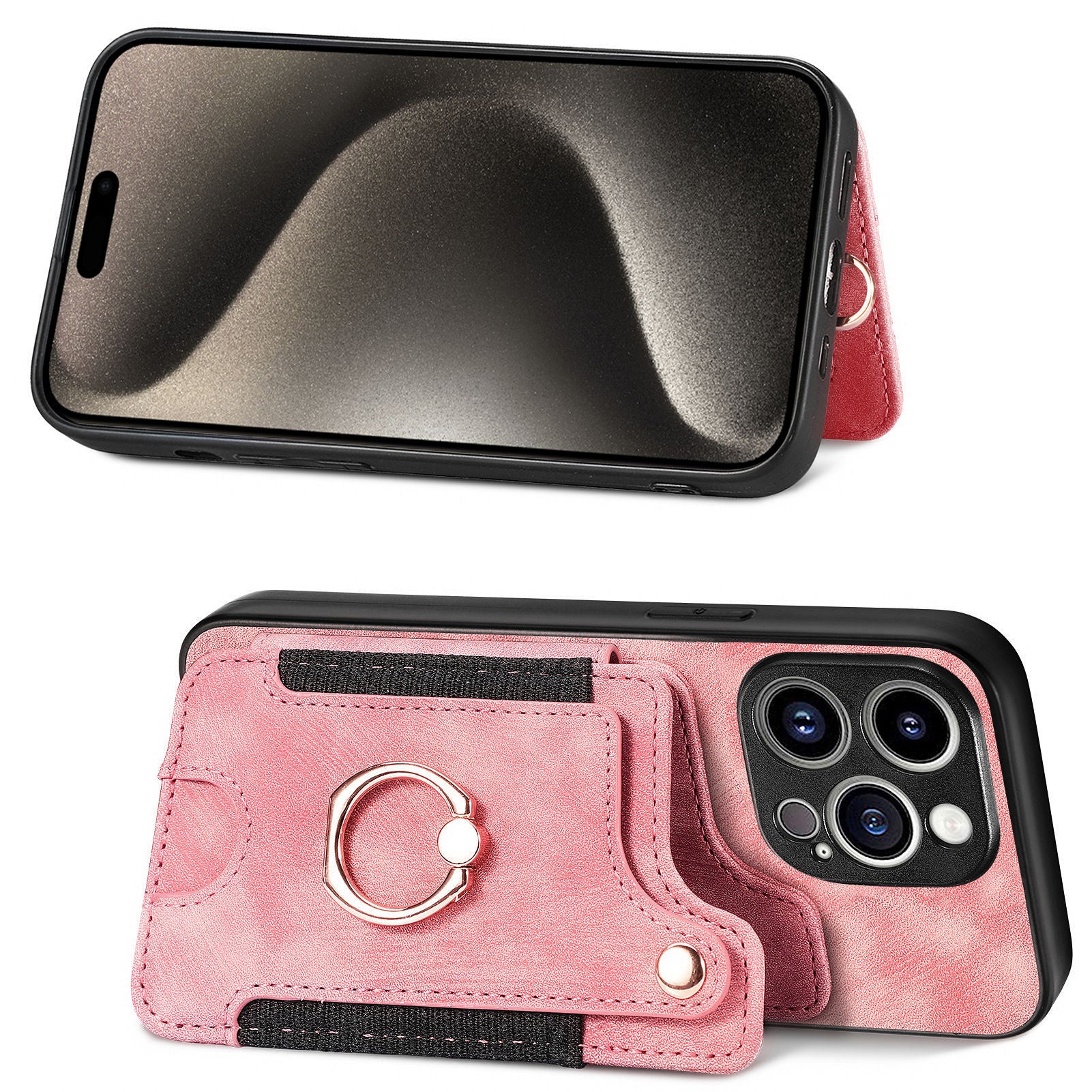 D4 For iPhone 15 Pro Case RFID Blocking Card Slots Retro PU+TPU Phone Cover