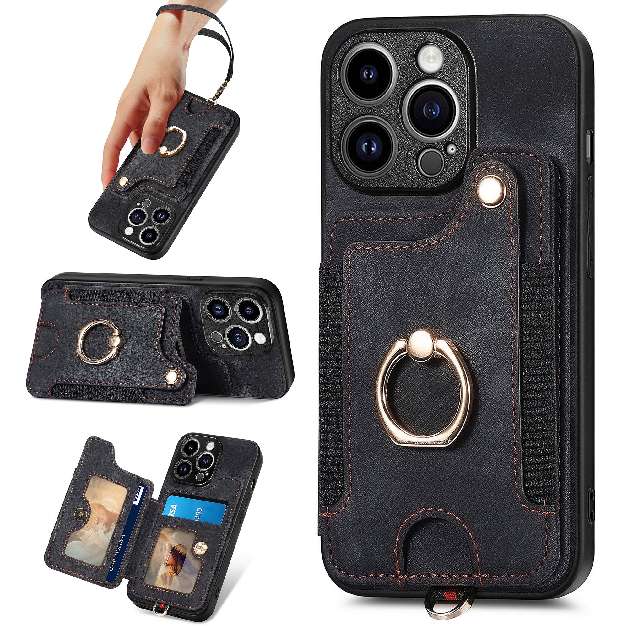 D4 For iPhone 15 Pro Case RFID Blocking Card Slots Retro PU+TPU Phone Cover