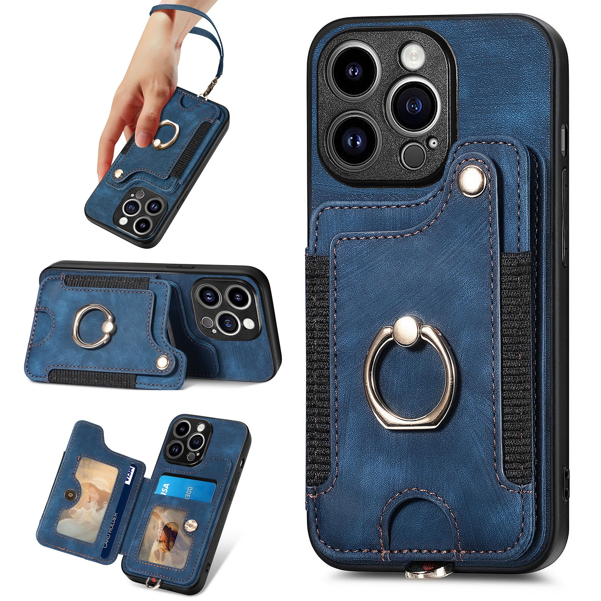 D4 For iPhone 15 Pro Case RFID Blocking Card Slots Retro PU+TPU Phone Cover