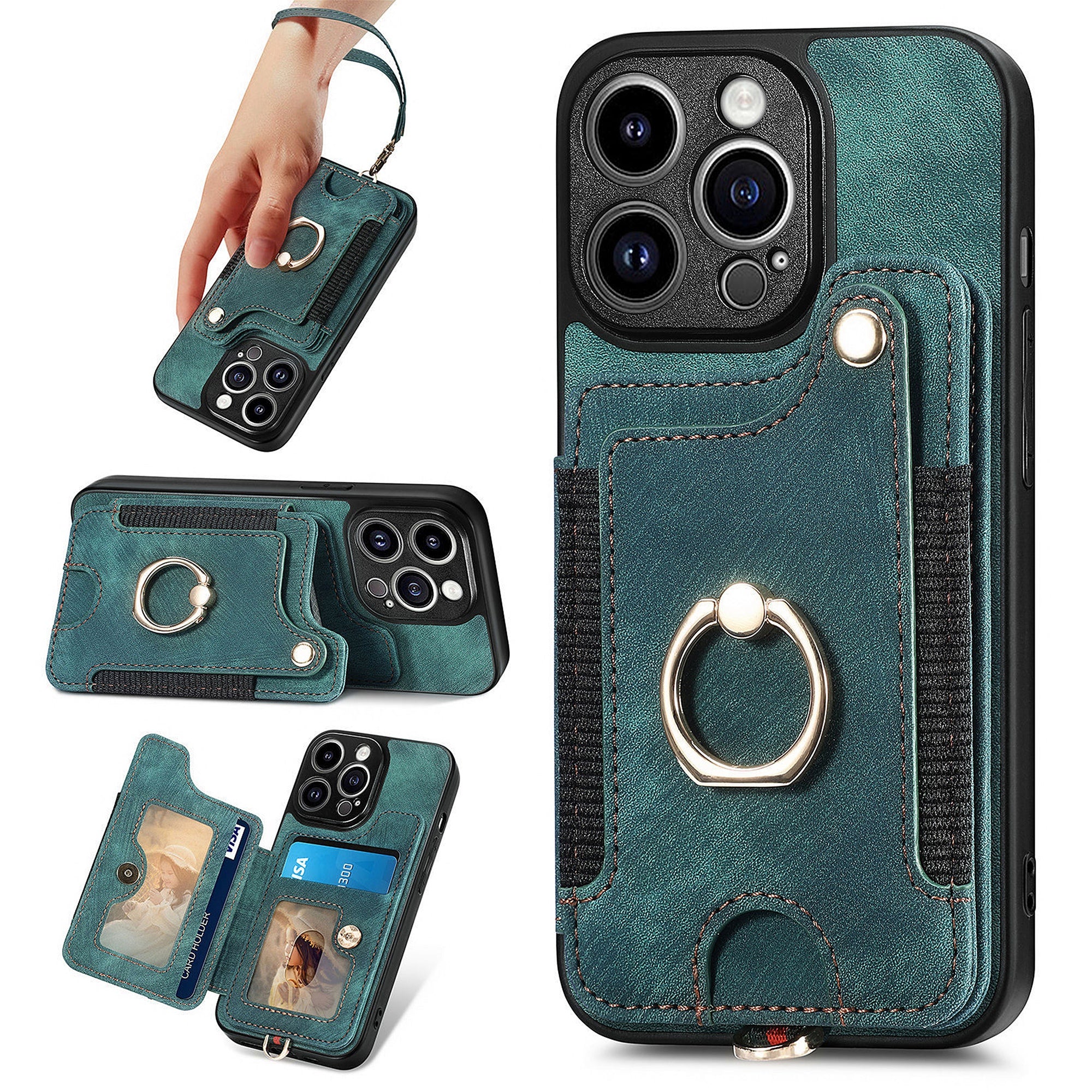 D4 For iPhone 15 Pro Case RFID Blocking Card Slots Retro PU+TPU Phone Cover