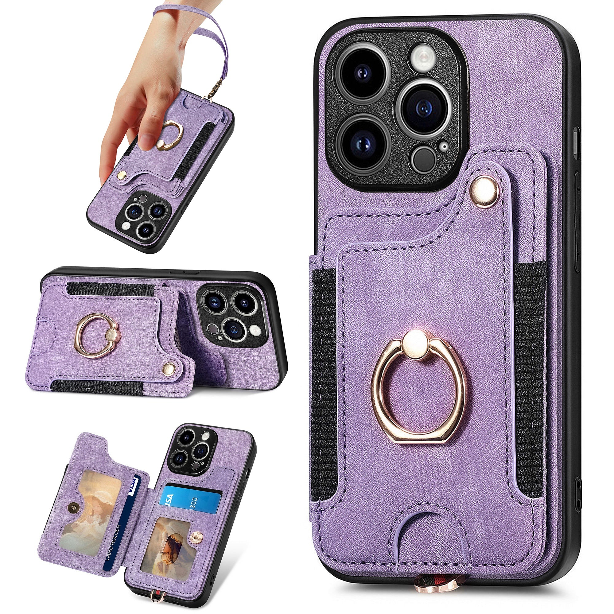 D4 For iPhone 15 Pro Case RFID Blocking Card Slots Retro PU+TPU Phone Cover