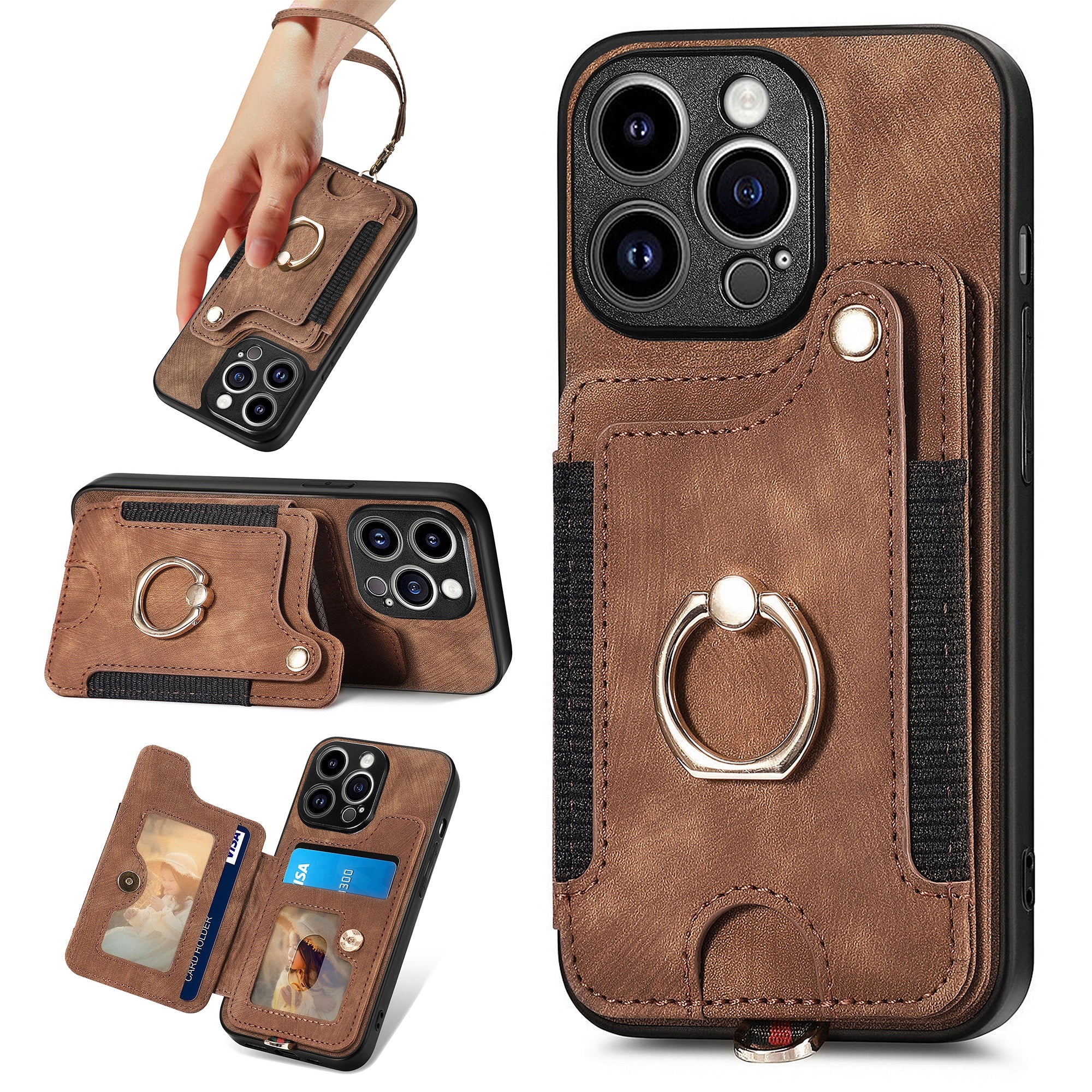 D4 For iPhone 15 Pro Case RFID Blocking Card Slots Retro PU+TPU Phone Cover