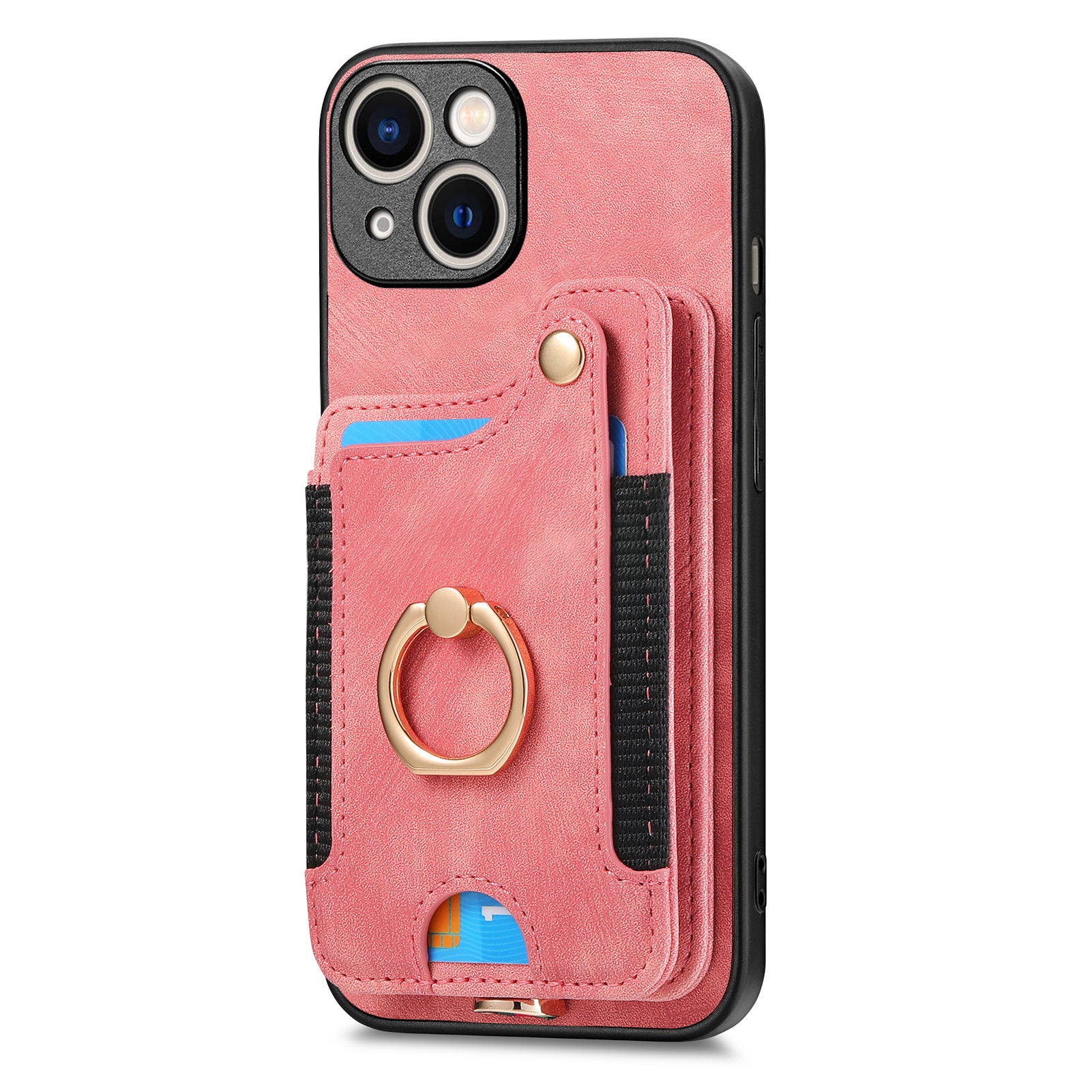 D4 For iPhone 15 Plus Phone Cover RFID Blocking Card Slots Leather+TPU Kickstand Case