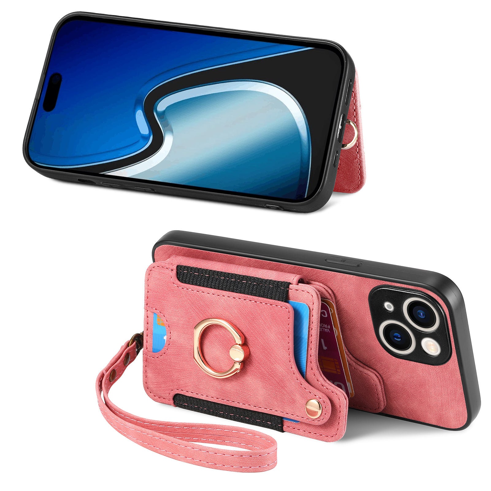 D4 For iPhone 15 Plus Phone Cover RFID Blocking Card Slots Leather+TPU Kickstand Case