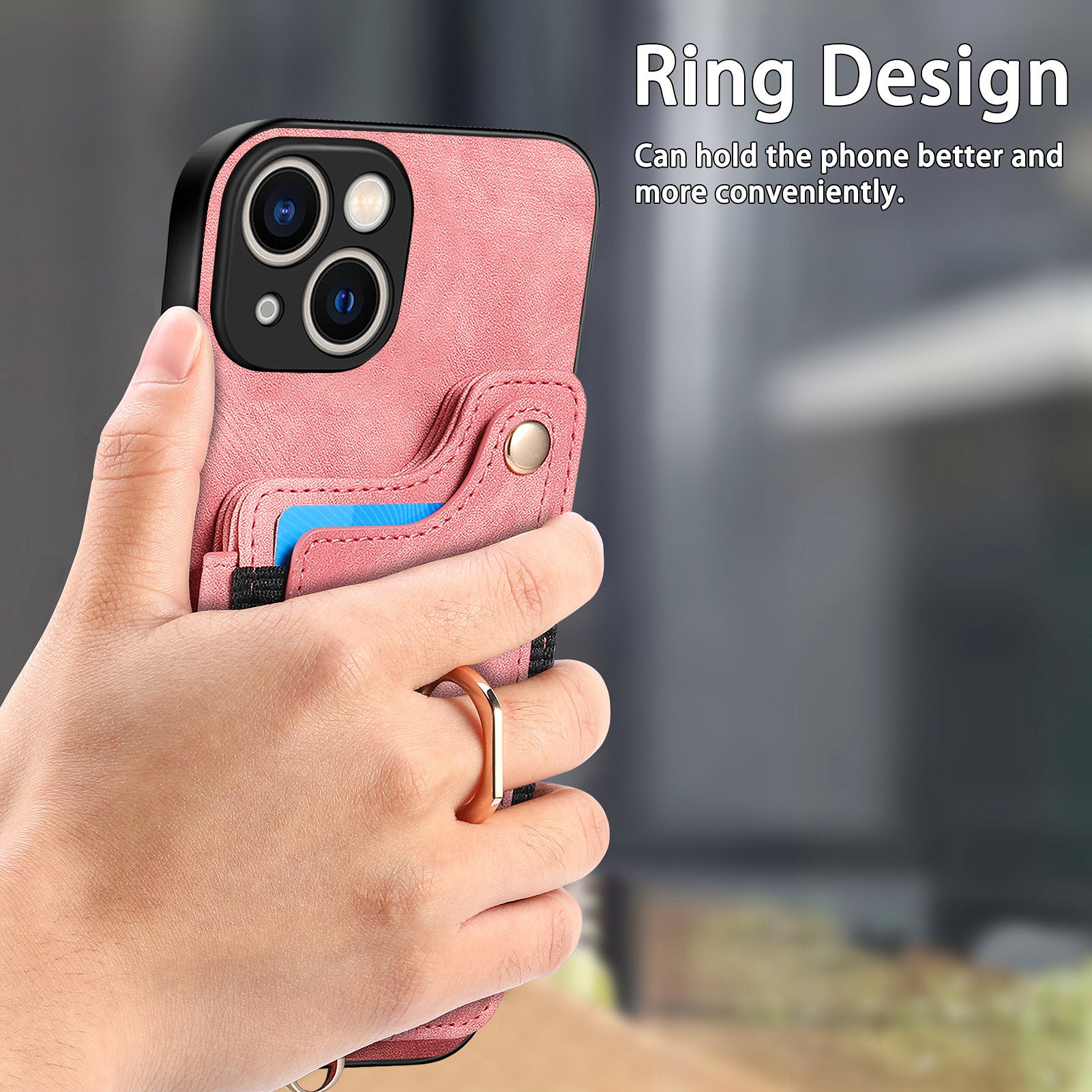 D4 For iPhone 15 Plus Phone Cover RFID Blocking Card Slots Leather+TPU Kickstand Case