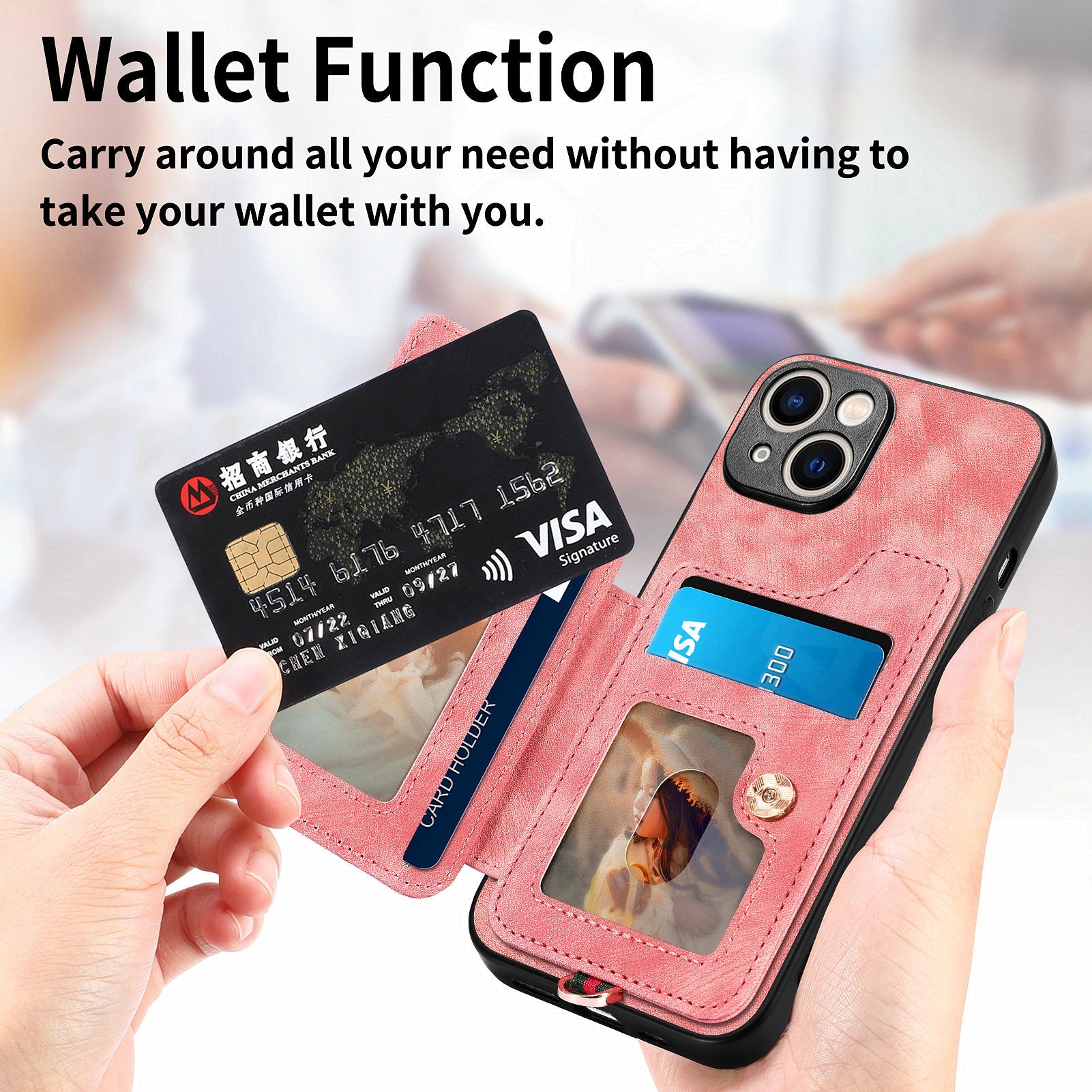 D4 For iPhone 15 Plus Phone Cover RFID Blocking Card Slots Leather+TPU Kickstand Case