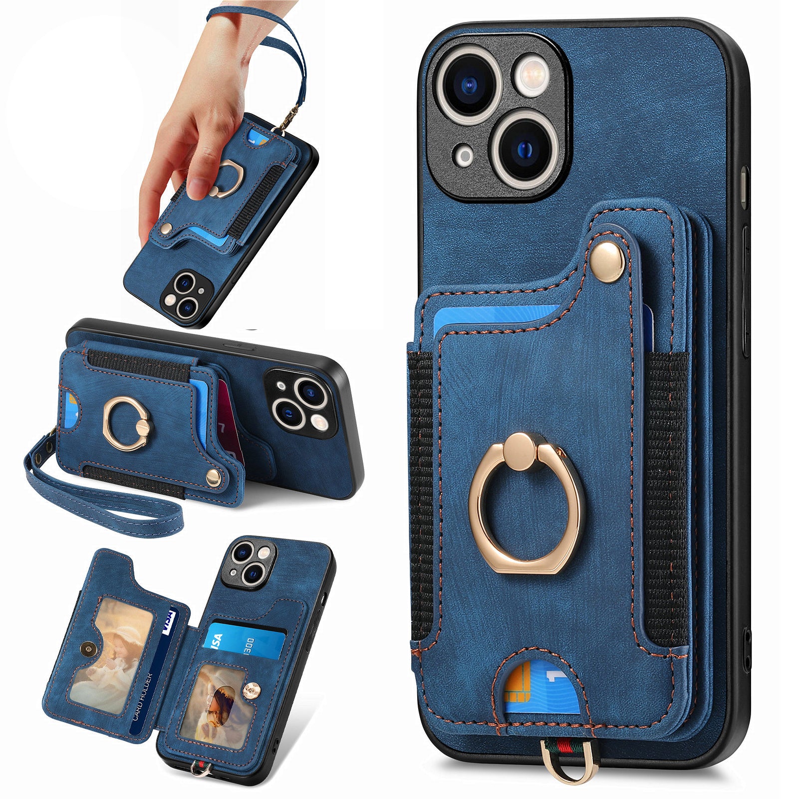 D4 For iPhone 15 Plus Phone Cover RFID Blocking Card Slots Leather+TPU Kickstand Case