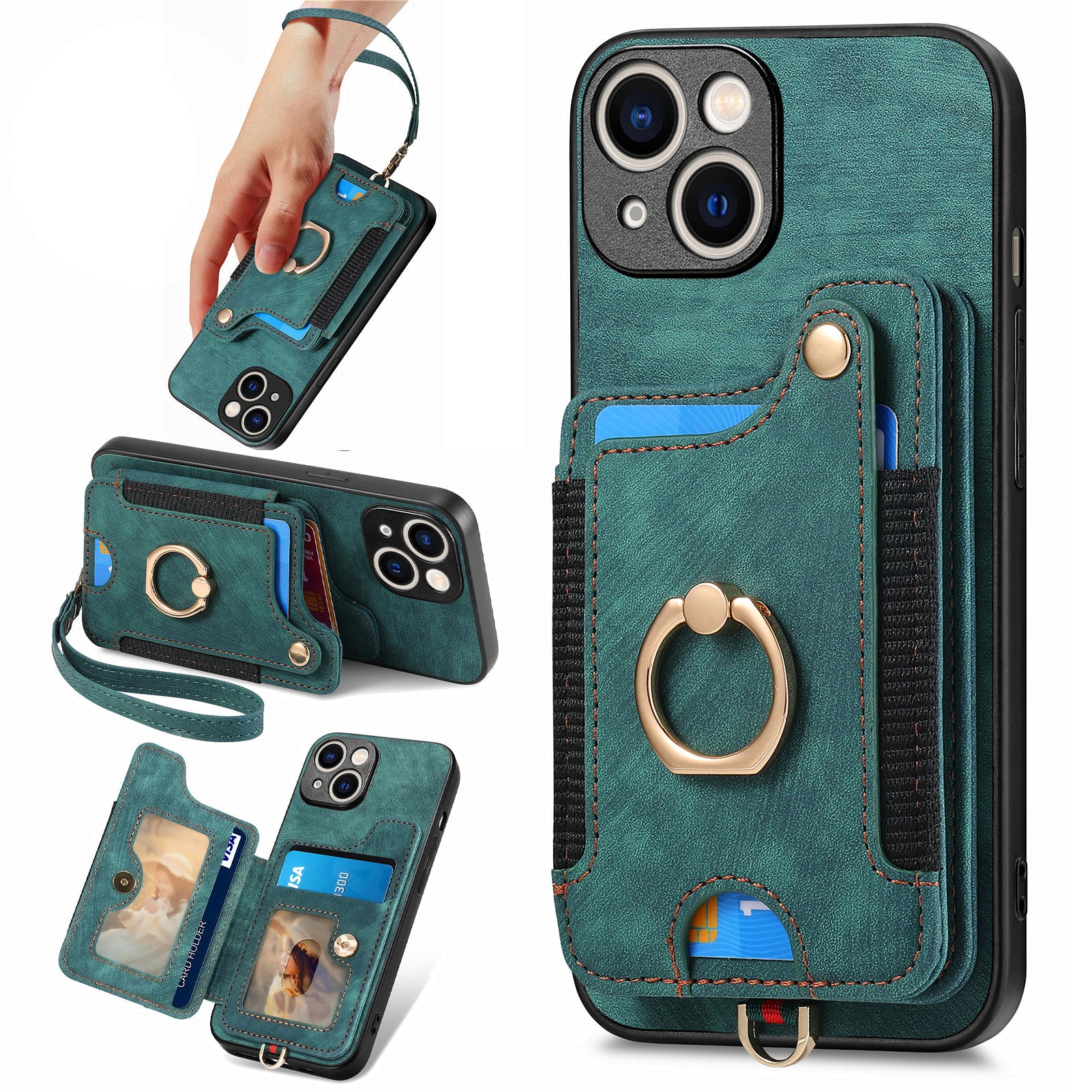 D4 For iPhone 15 Plus Phone Cover RFID Blocking Card Slots Leather+TPU Kickstand Case