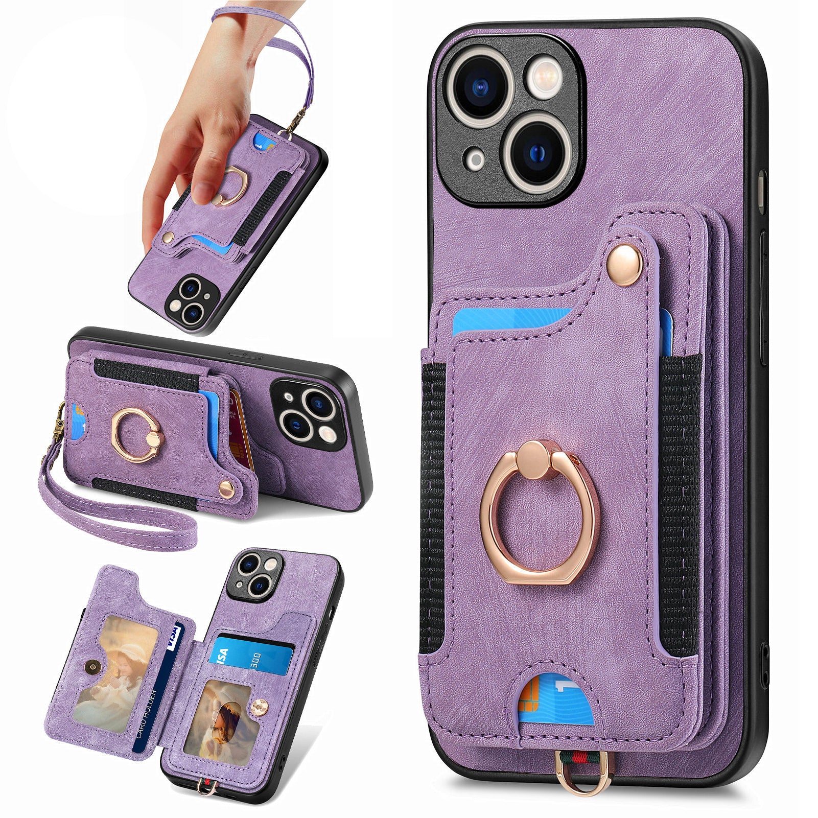 D4 For iPhone 15 Plus Phone Cover RFID Blocking Card Slots Leather+TPU Kickstand Case