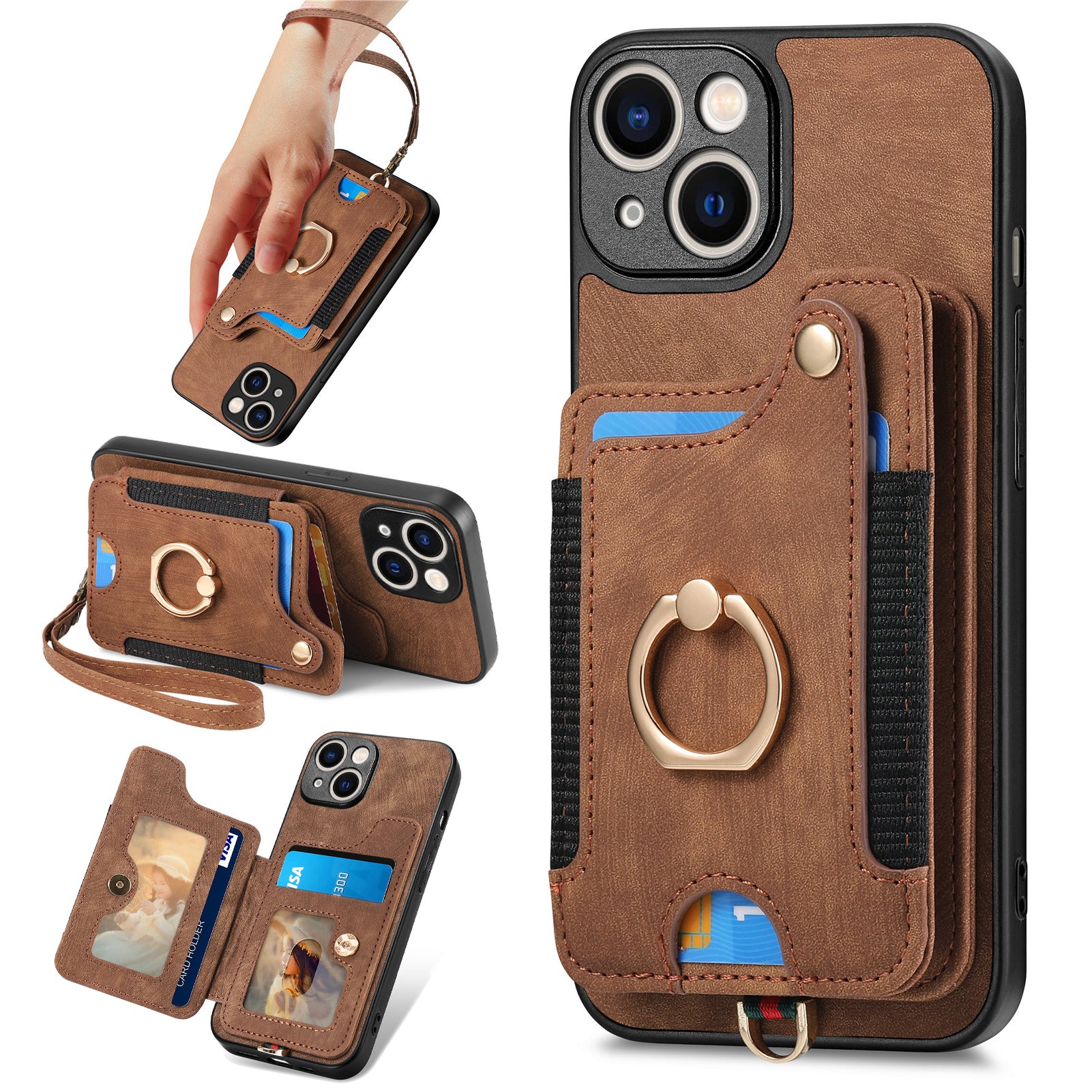 D4 For iPhone 15 Plus Phone Cover RFID Blocking Card Slots Leather+TPU Kickstand Case