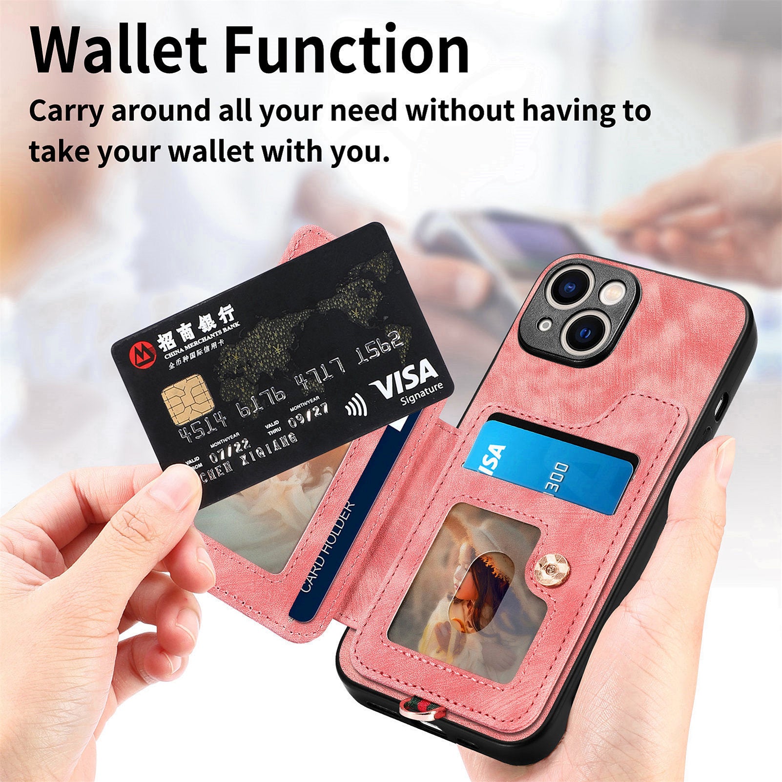 D4 For iPhone 15 Case Card Slots RFID Blocking Leather+TPU Phone Back Cover