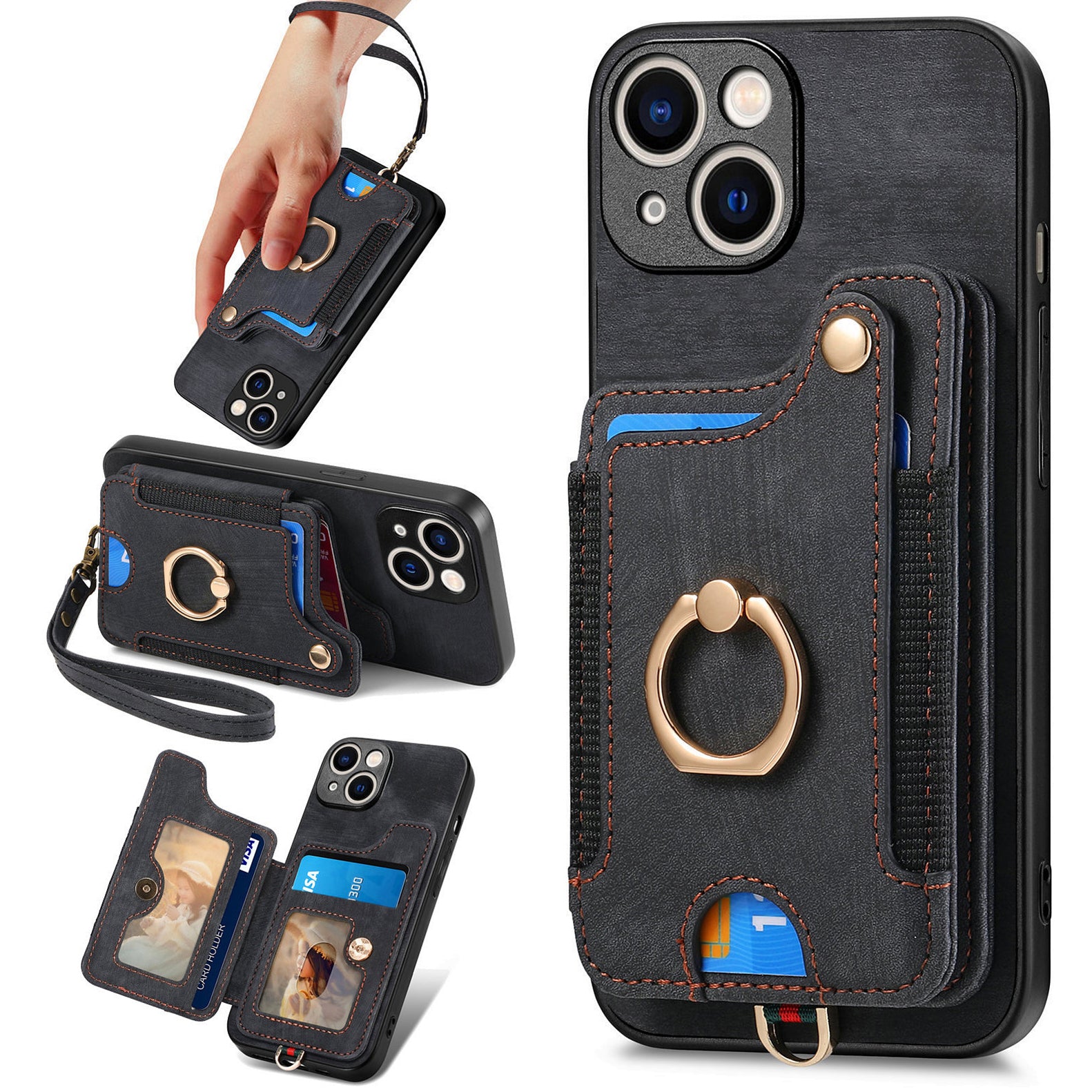 D4 For iPhone 15 Case Card Slots RFID Blocking Leather+TPU Phone Back Cover