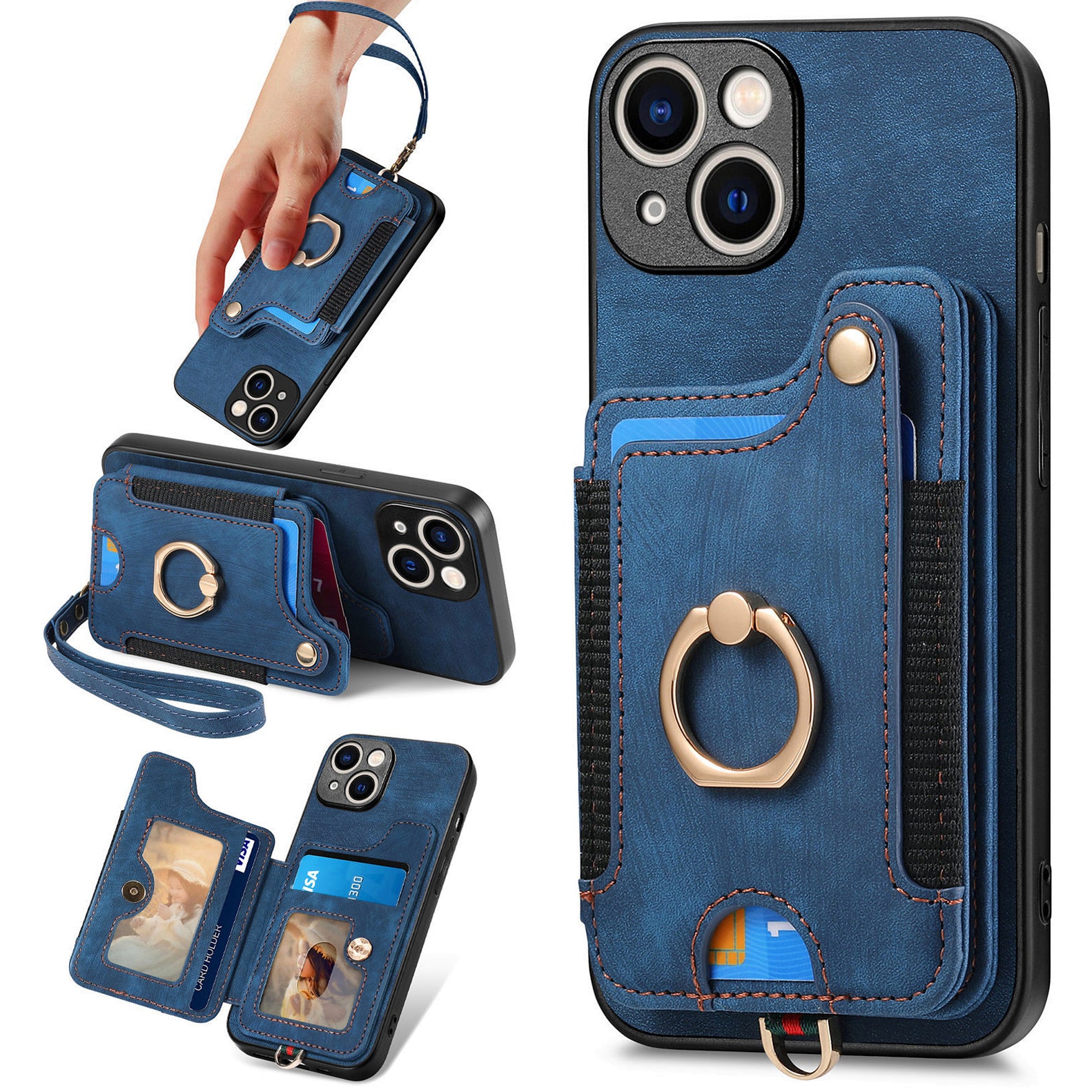 D4 For iPhone 15 Case Card Slots RFID Blocking Leather+TPU Phone Back Cover
