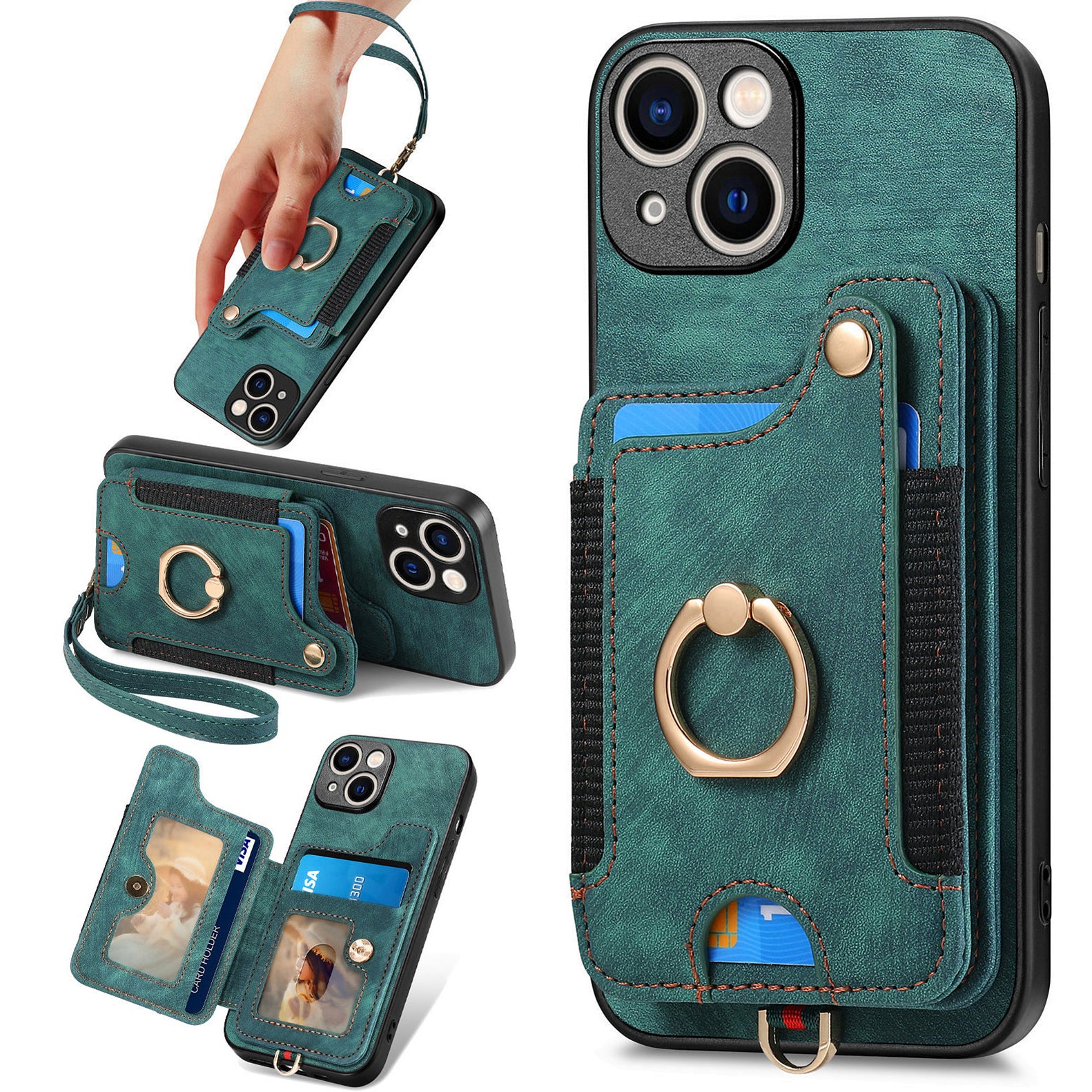 D4 For iPhone 15 Case Card Slots RFID Blocking Leather+TPU Phone Back Cover