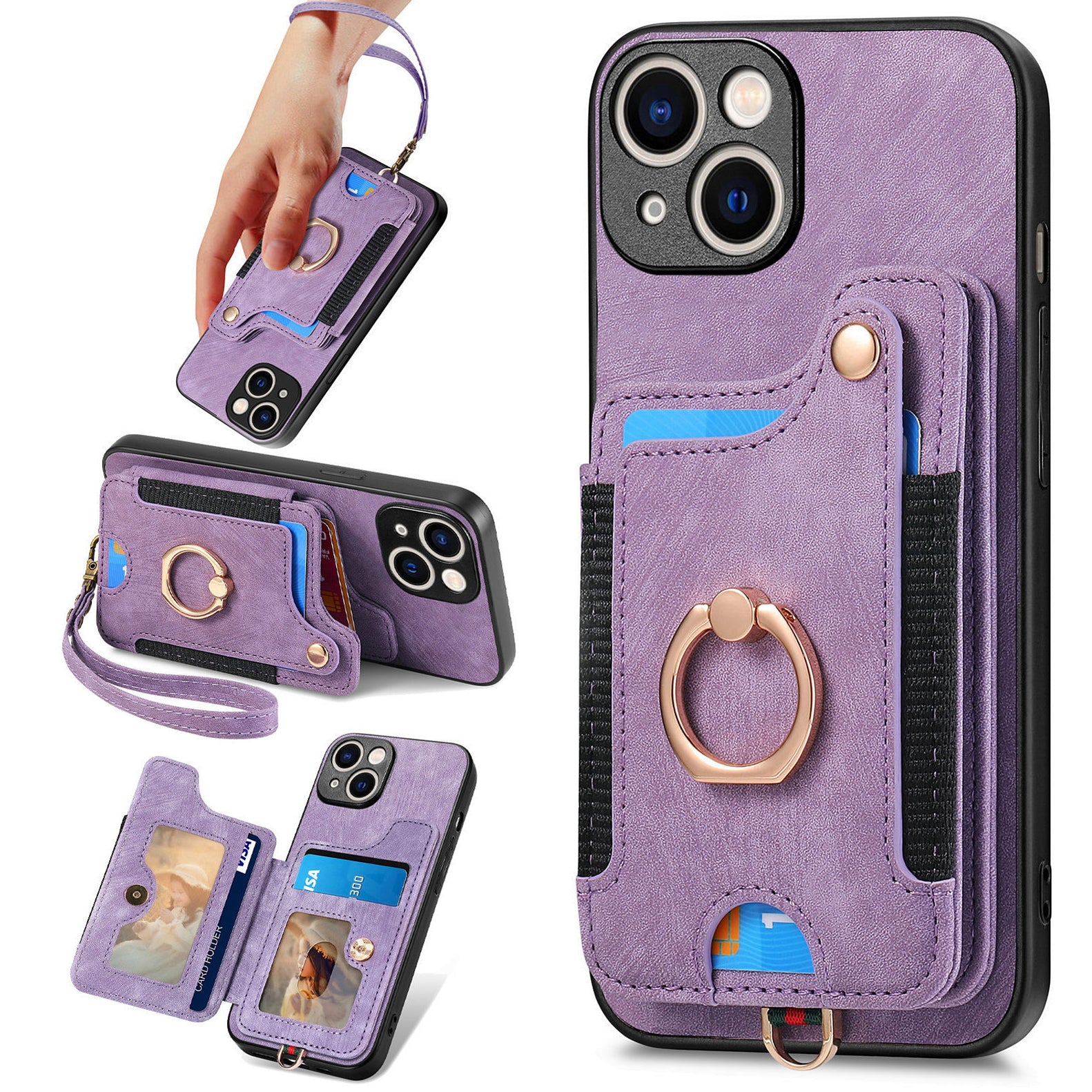 D4 For iPhone 15 Case Card Slots RFID Blocking Leather+TPU Phone Back Cover