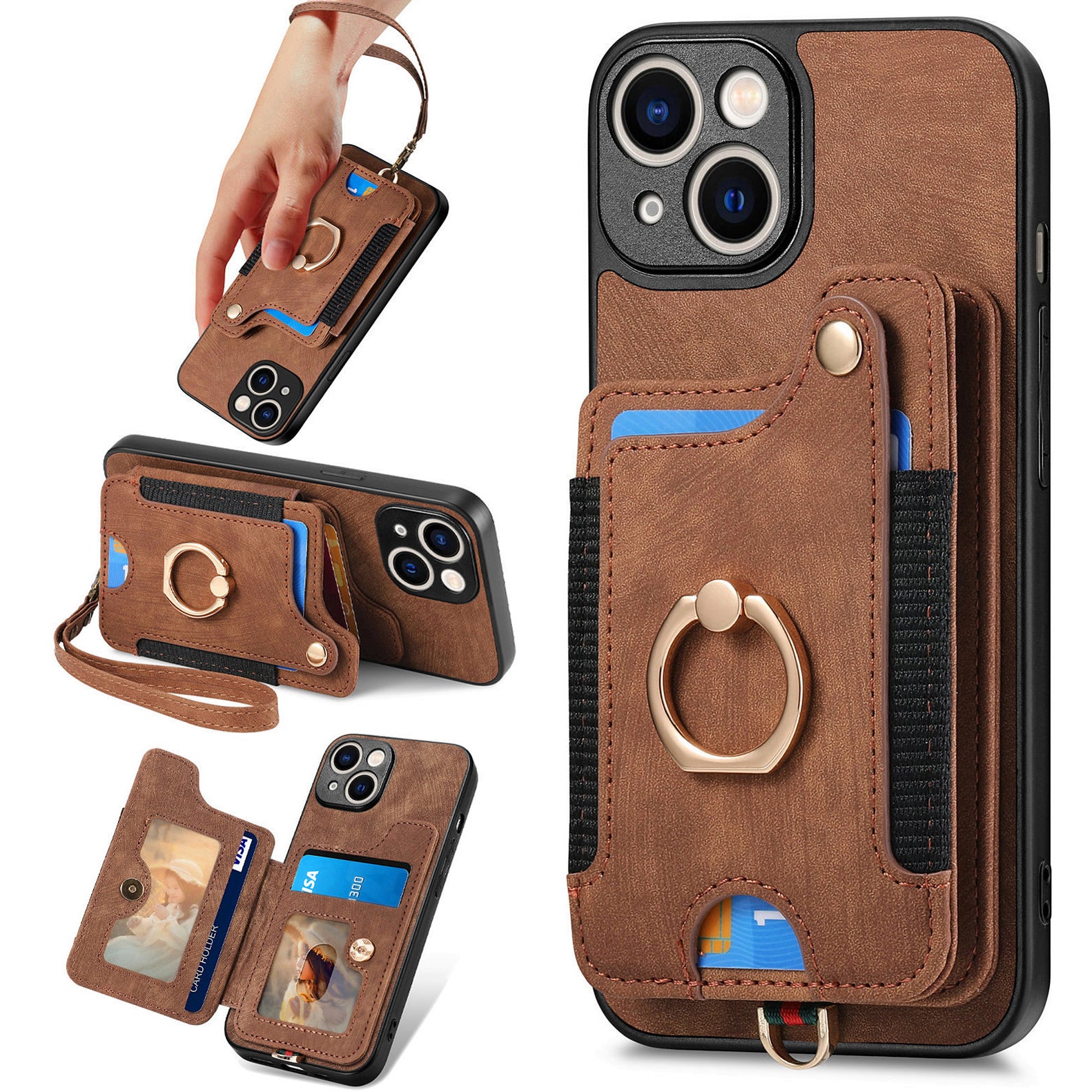 D4 For iPhone 15 Case Card Slots RFID Blocking Leather+TPU Phone Back Cover