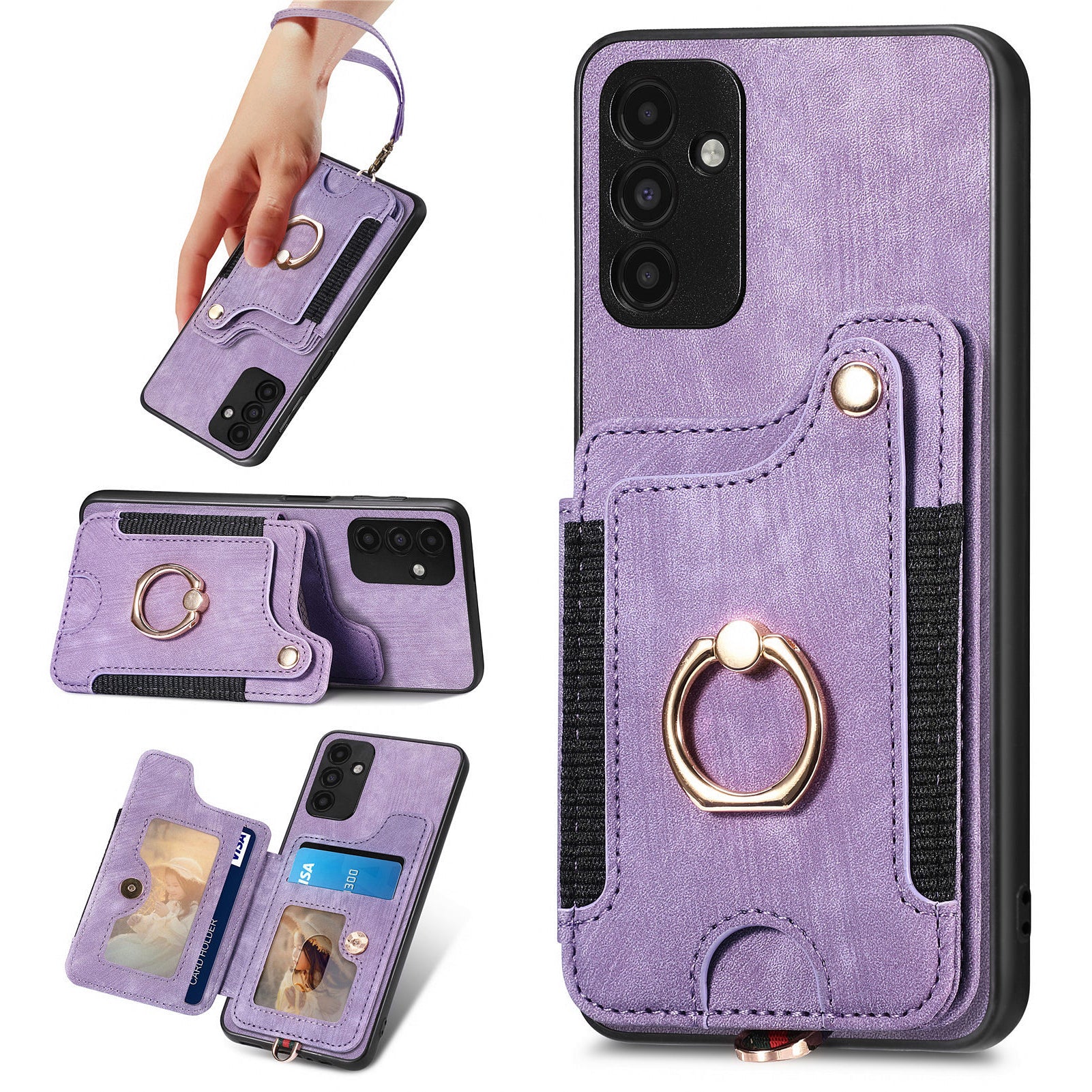 D4 For Samsung Galaxy A15 4G / 5G Phone Case Kickstand Card Holder RFID Blocking Leather+TPU Cover