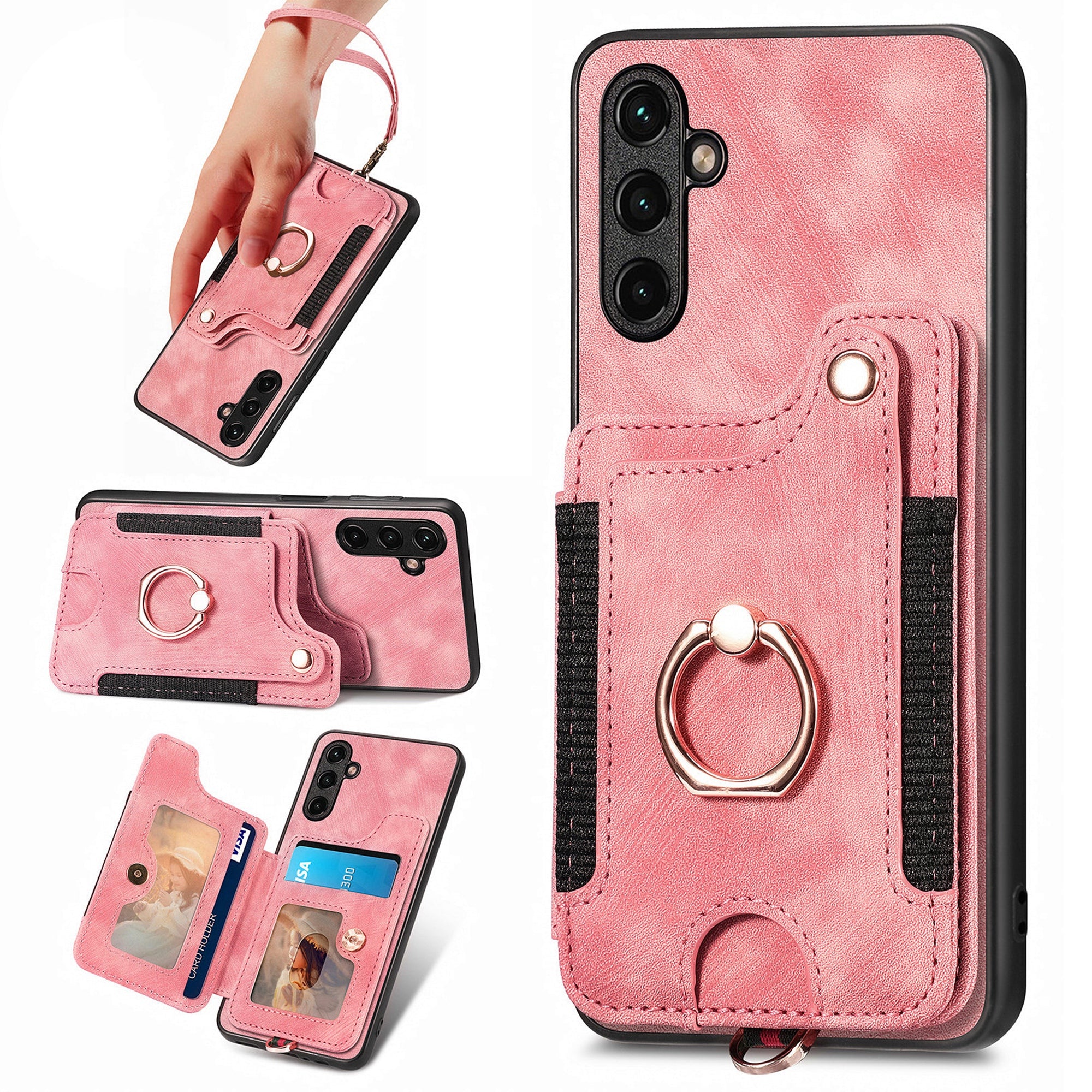 D4 For Samsung Galaxy A24 4G (162.1 x 77.6 x 8.3mm) Case Card Slots RFID Blocking Leather Cover with Wrist Strap