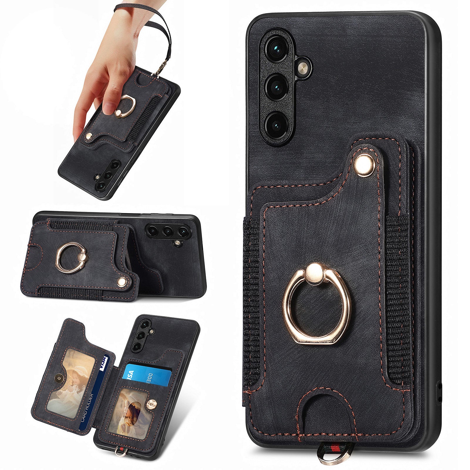D4 For Samsung Galaxy A24 4G (162.1 x 77.6 x 8.3mm) Case Card Slots RFID Blocking Leather Cover with Wrist Strap