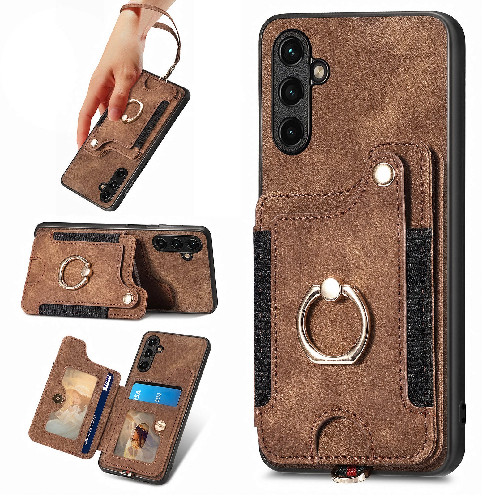 D4 For Samsung Galaxy A24 4G (162.1 x 77.6 x 8.3mm) Case Card Slots RFID Blocking Leather Cover with Wrist Strap