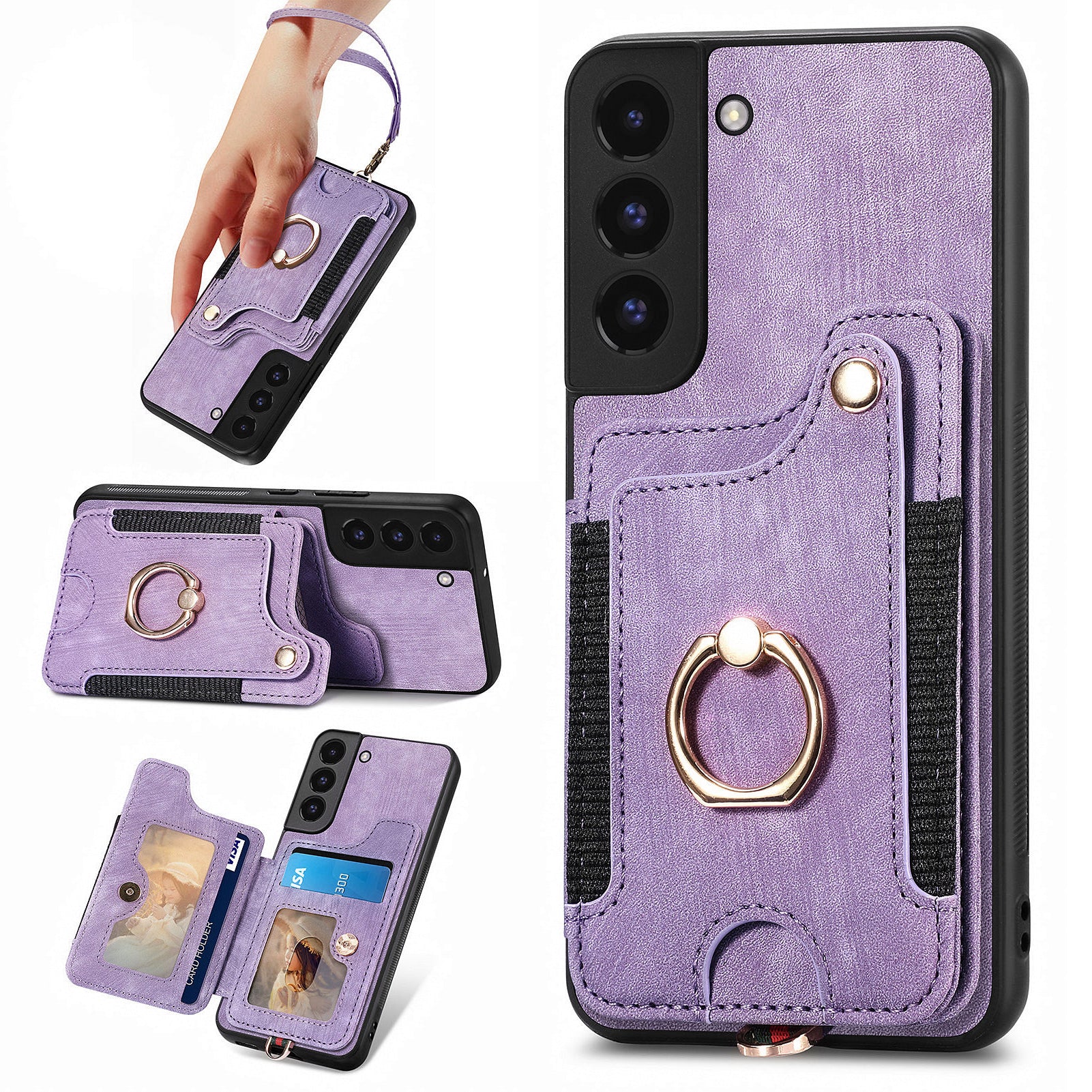 D4 For Samsung Galaxy S22+ 5G Leather Case Card Holder Retro RFID Blocking Phone Cover