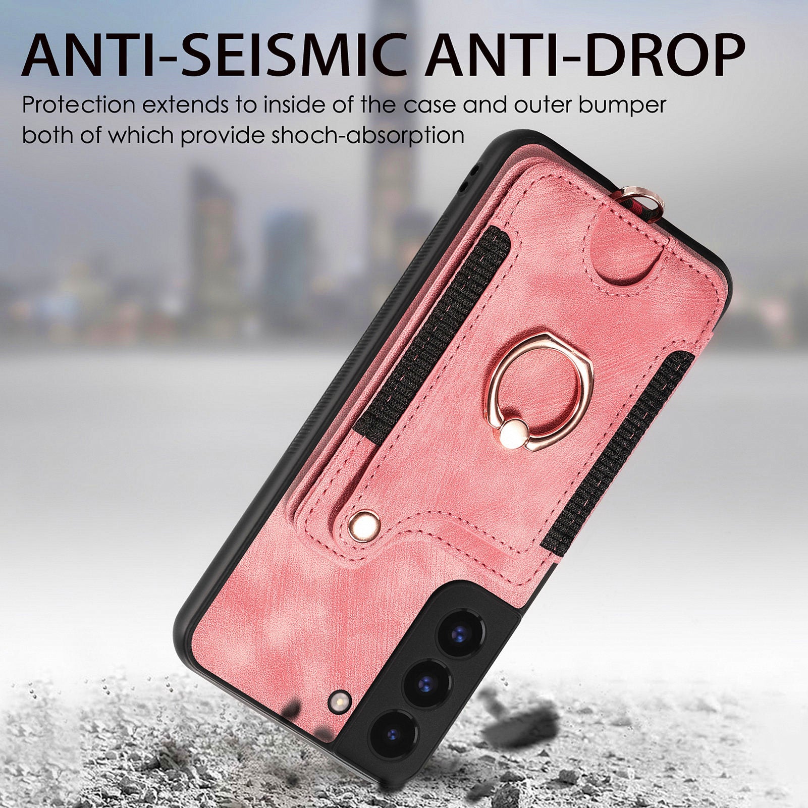 D4 For Samsung Galaxy S22 5G Case Kickstand RFID Blocking Phone Cover with Wrist Strap