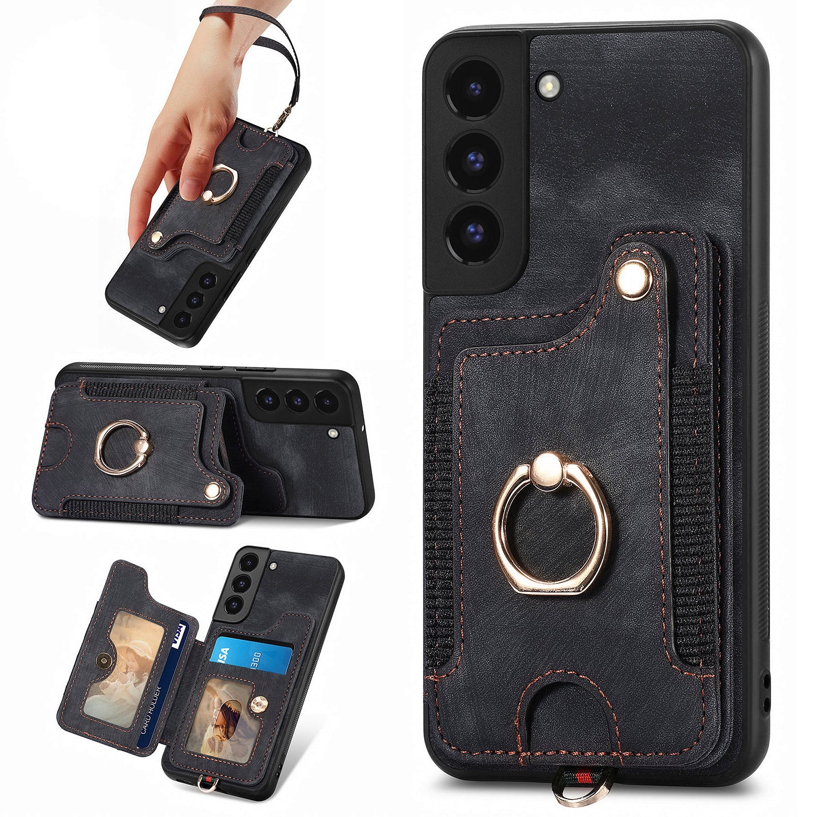 D4 For Samsung Galaxy S22 5G Case Kickstand RFID Blocking Phone Cover with Wrist Strap