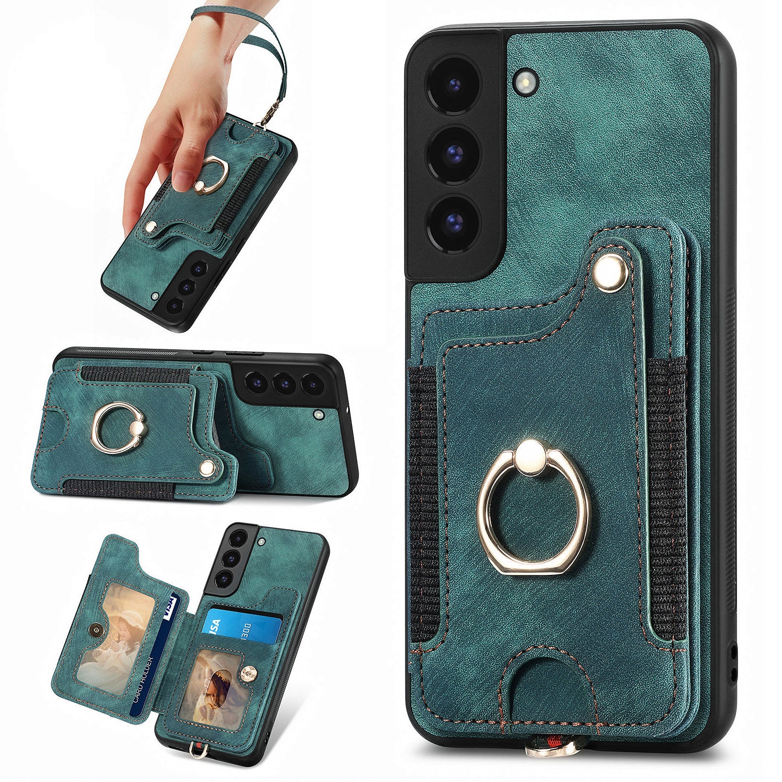 D4 For Samsung Galaxy S22 5G Case Kickstand RFID Blocking Phone Cover with Wrist Strap